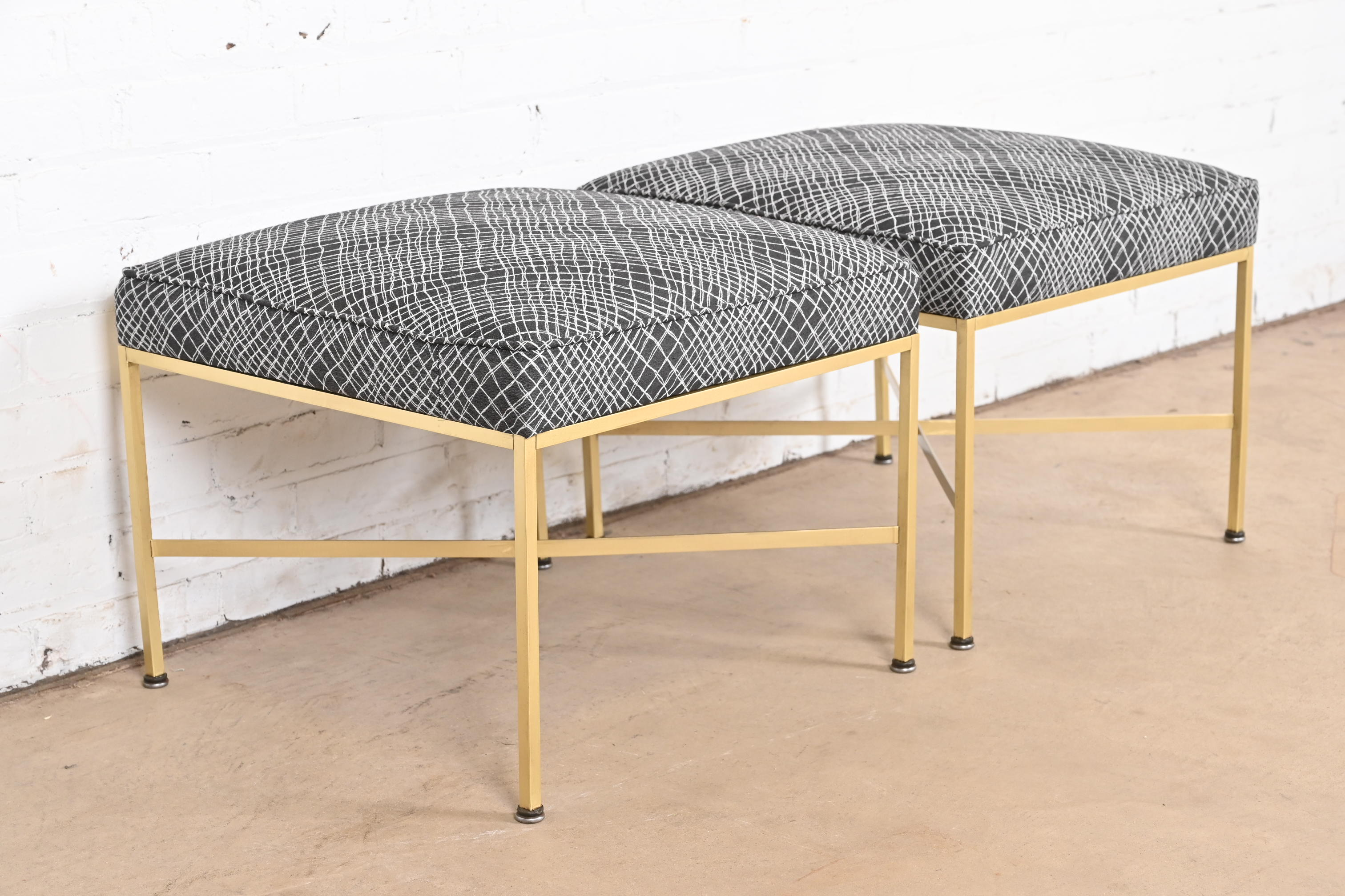 Paul McCobb for Directional X-Base Brass and Upholstered Stools or Ottomans, Newly Restored - Image 5