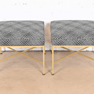 Paul McCobb for Directional X-Base Brass and Upholstered Stools or Ottomans, Newly Restored
