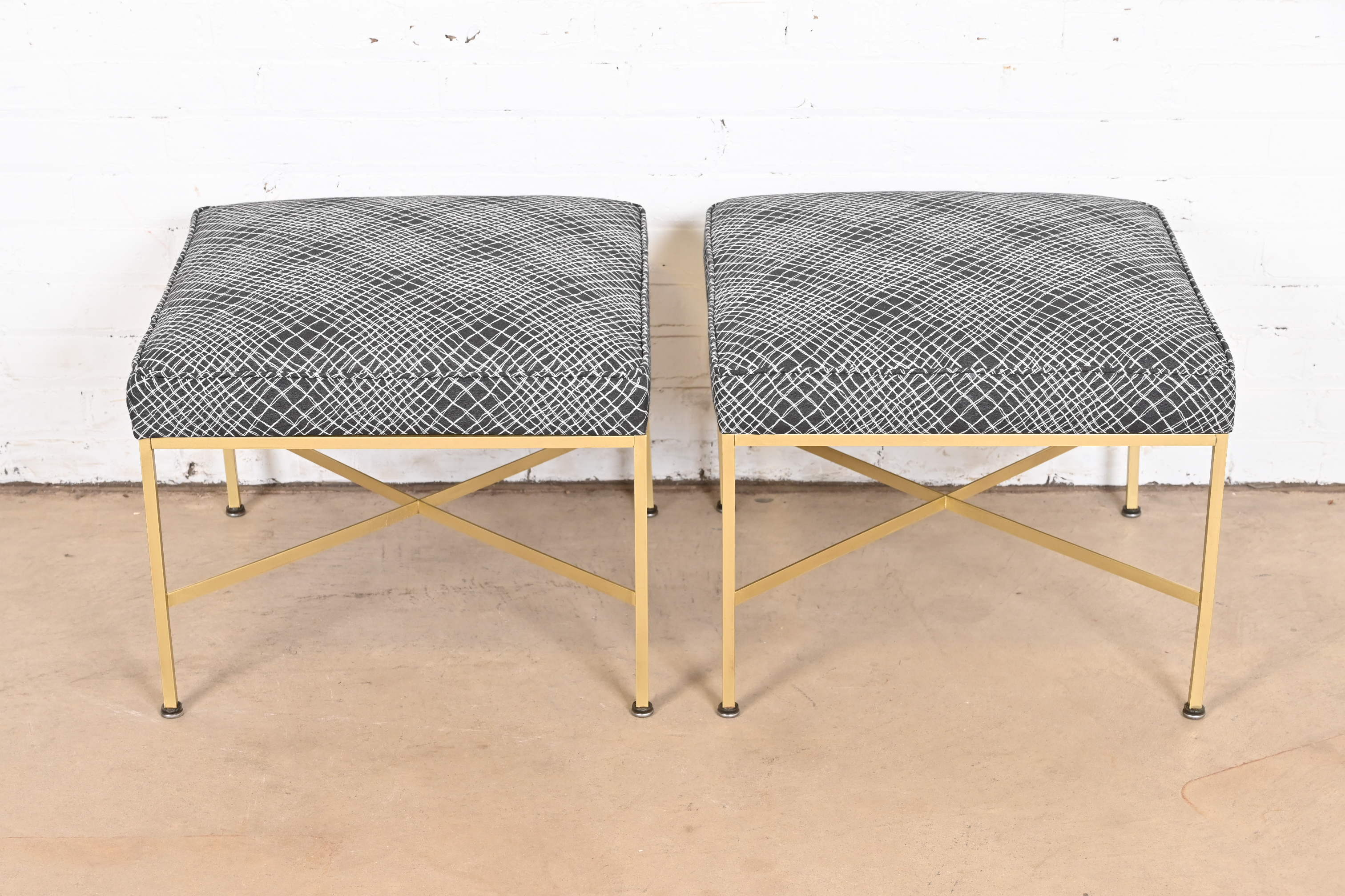 Paul McCobb for Directional X-Base Brass and Upholstered Stools or Ottomans, Newly Restored