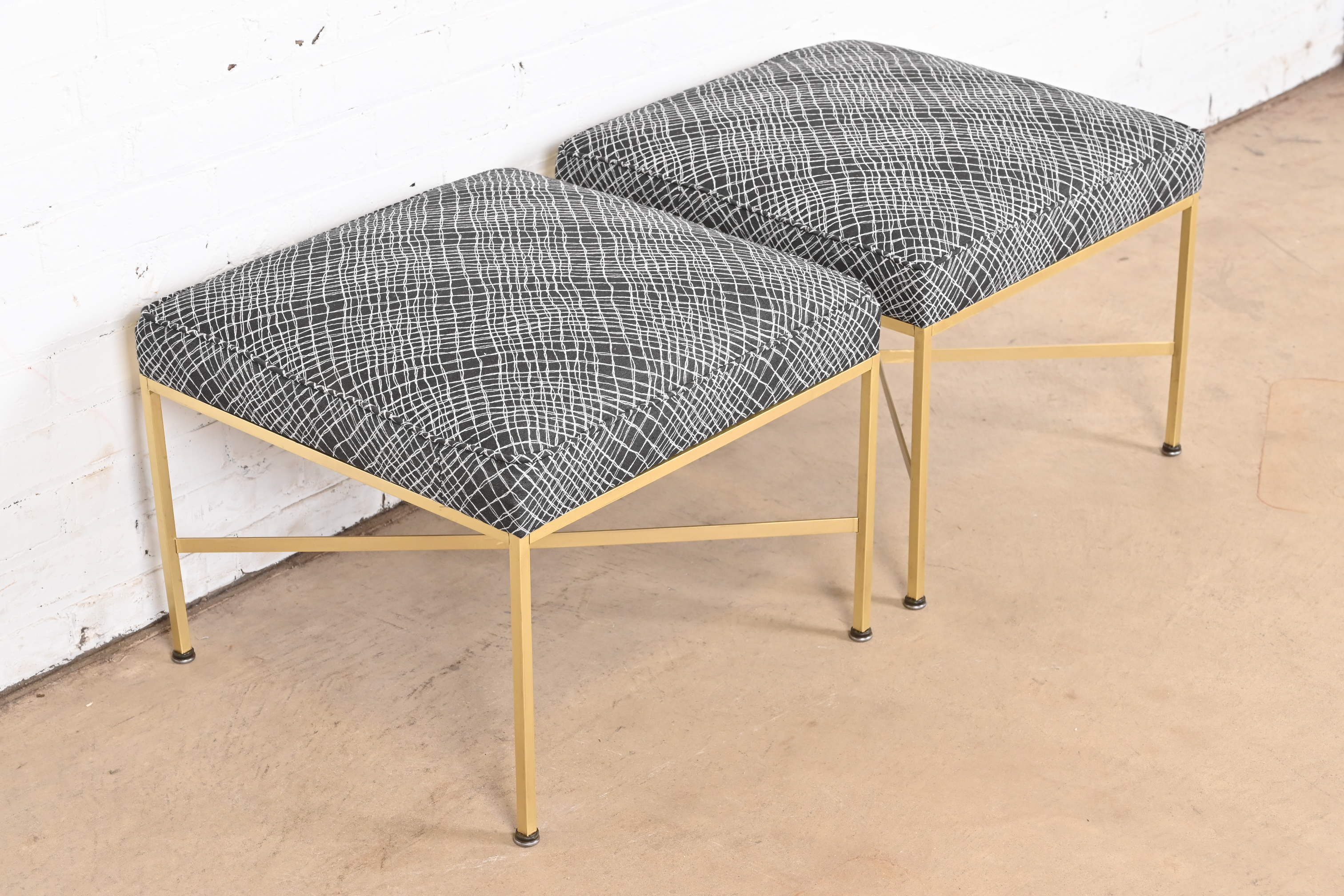Paul McCobb for Directional X-Base Brass and Upholstered Stools or Ottomans, Newly Restored - Image 6