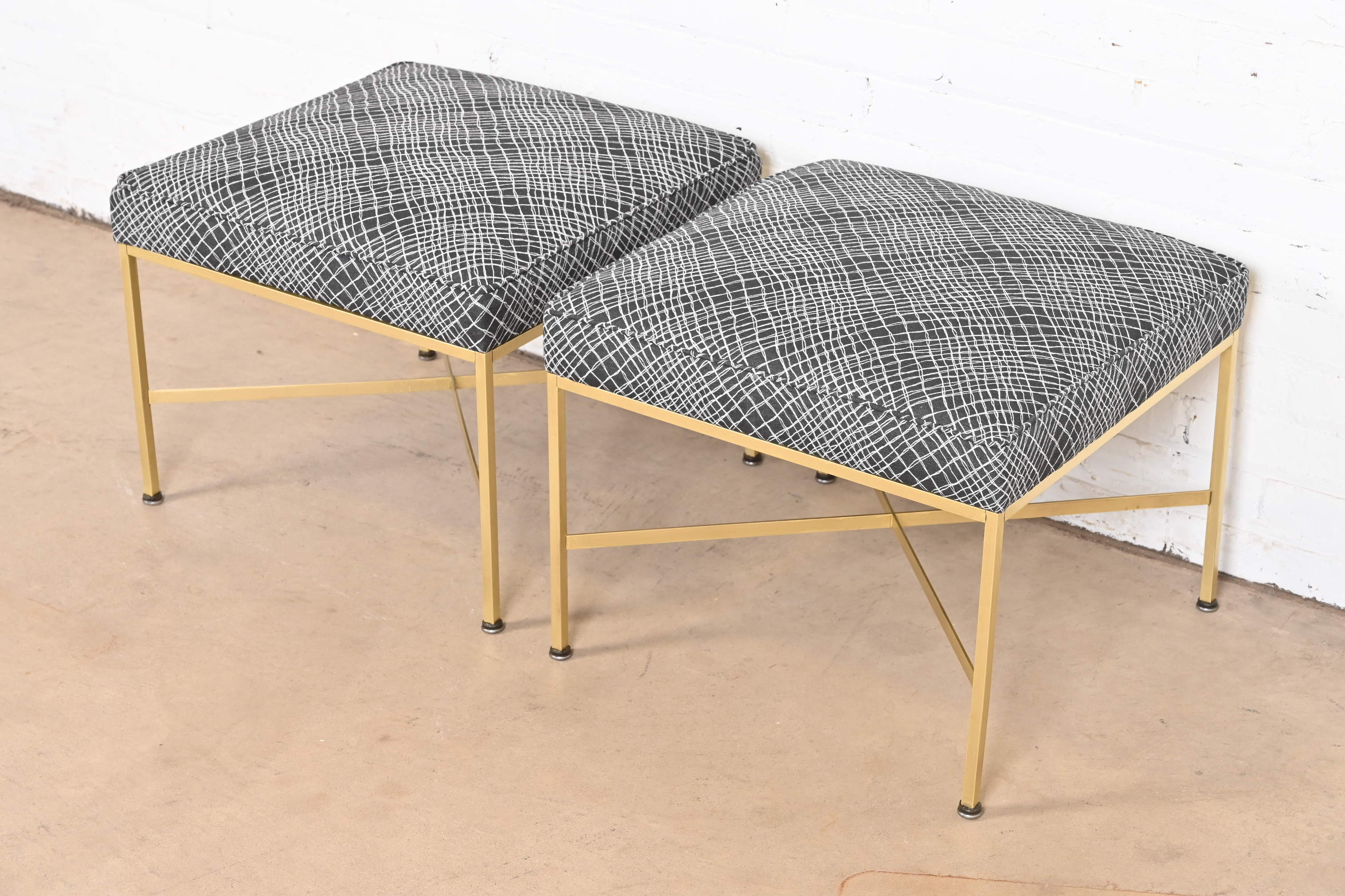 Paul McCobb for Directional X-Base Brass and Upholstered Stools or Ottomans, Newly Restored - Image 4