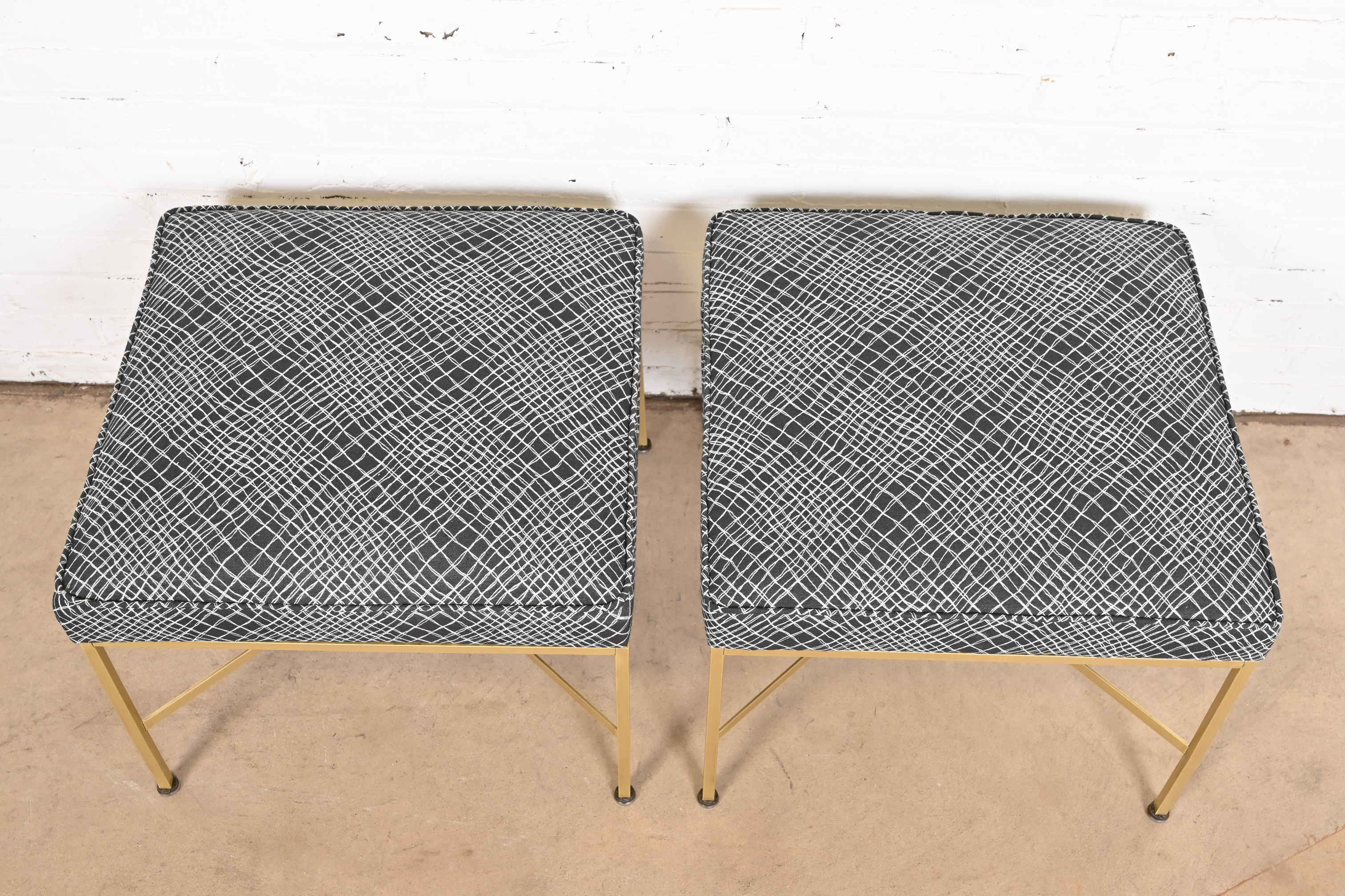 Paul McCobb for Directional X-Base Brass and Upholstered Stools or Ottomans, Newly Restored - Image 7