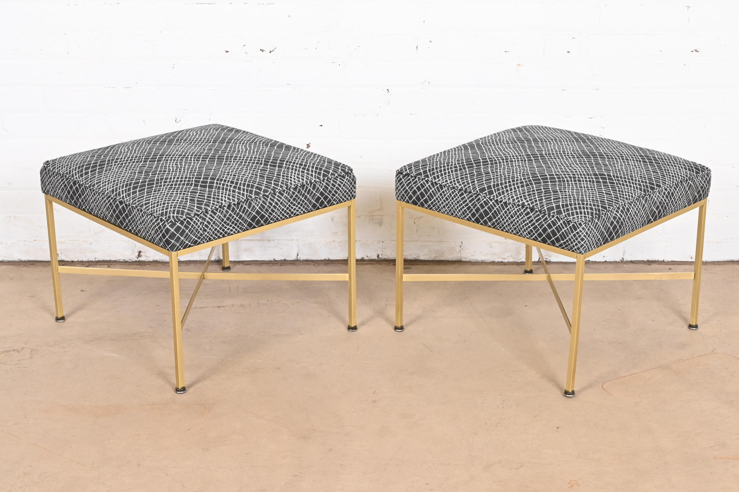 Paul McCobb for Directional X-Base Brass and Upholstered Stools or Ottomans, Newly Restored - Image 8