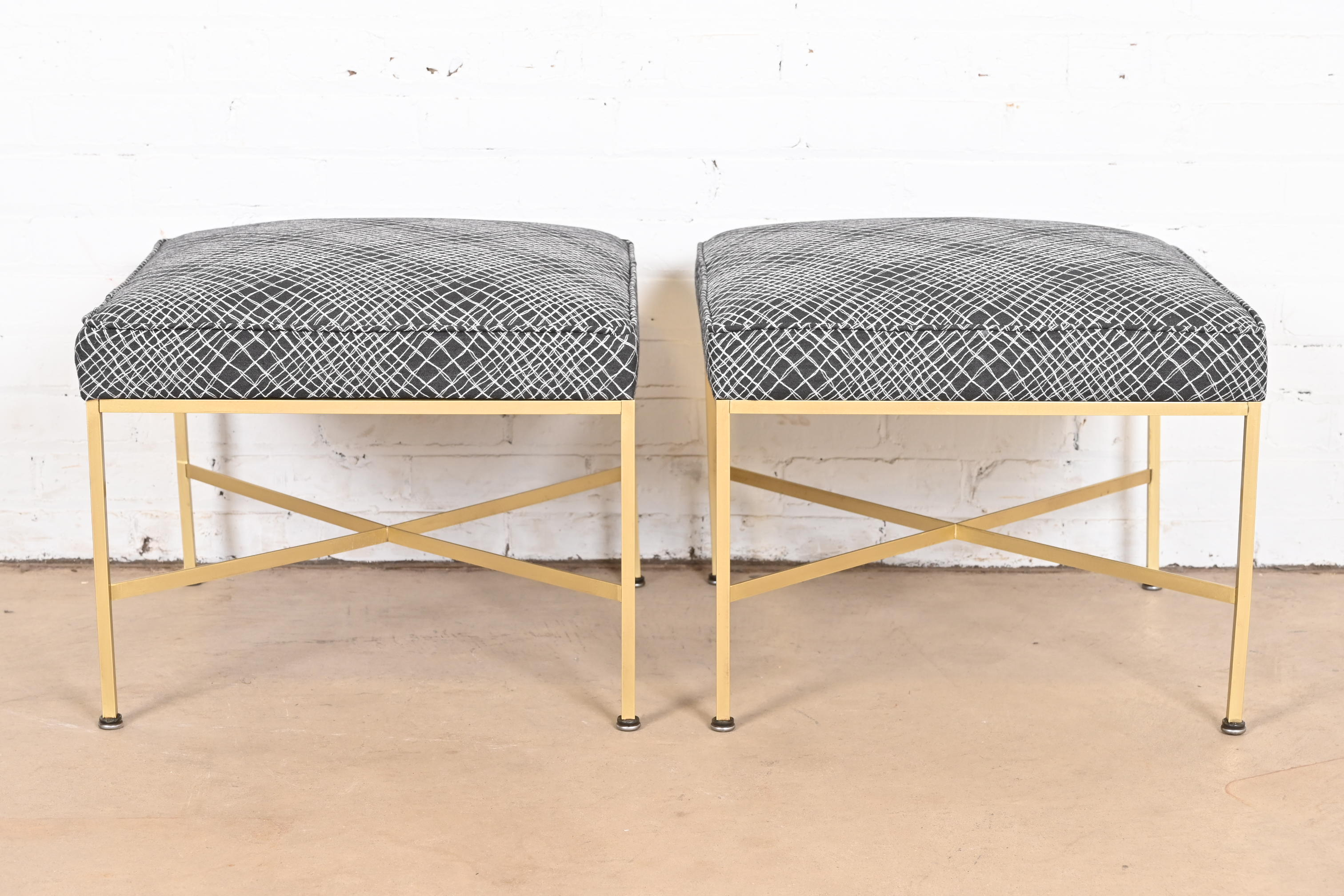 Paul McCobb for Directional X-Base Brass and Upholstered Stools or Ottomans, Newly Restored - Image 2