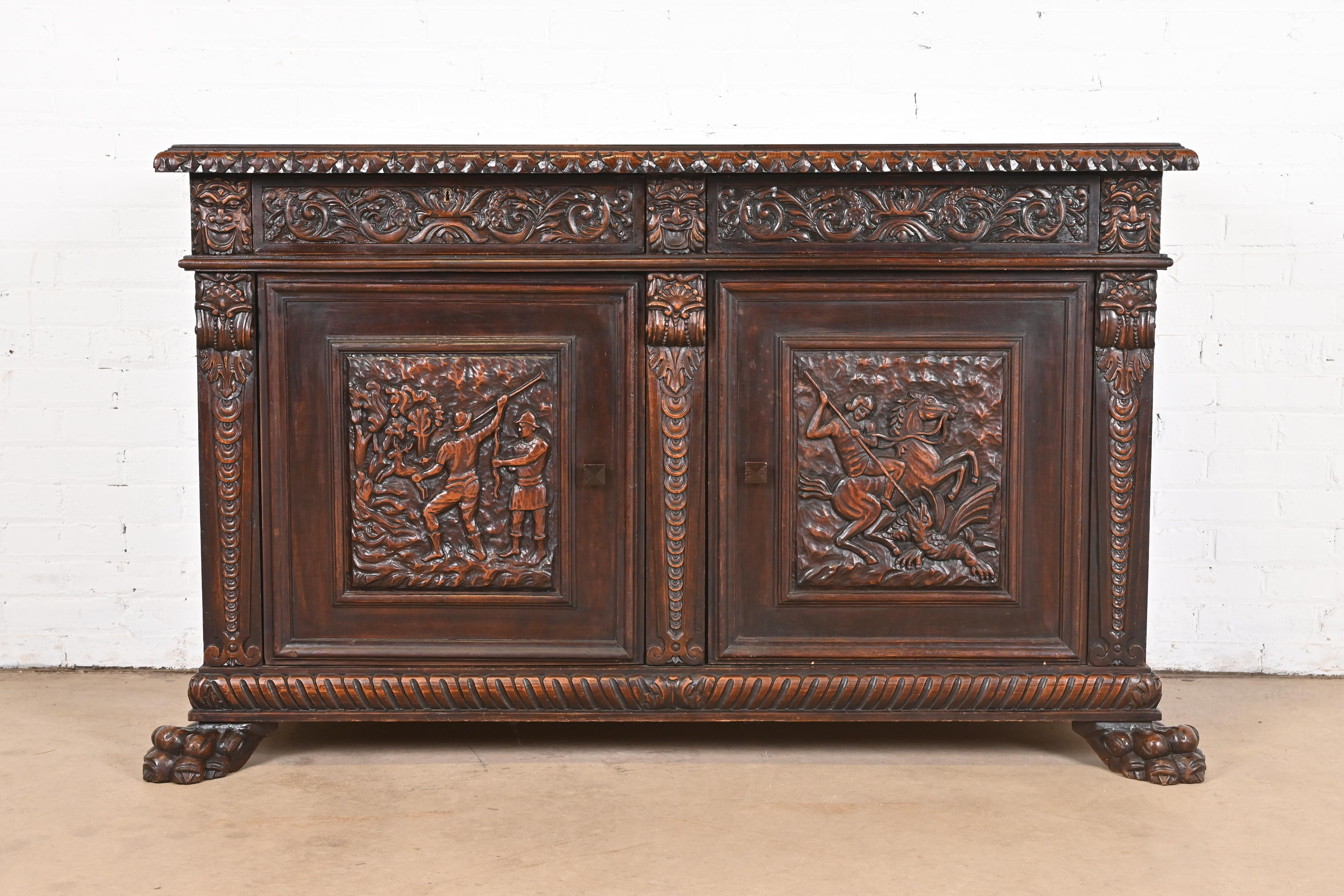 R. J. Horner Style Renaissance Revival Carved Walnut Sideboard or Bar Cabinet, Circa 1890s