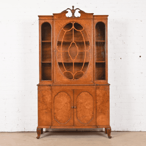 Romweber French Provincial Louis XV Burl Wood Breakfront Bookcase Cabinet, Circa 1920s