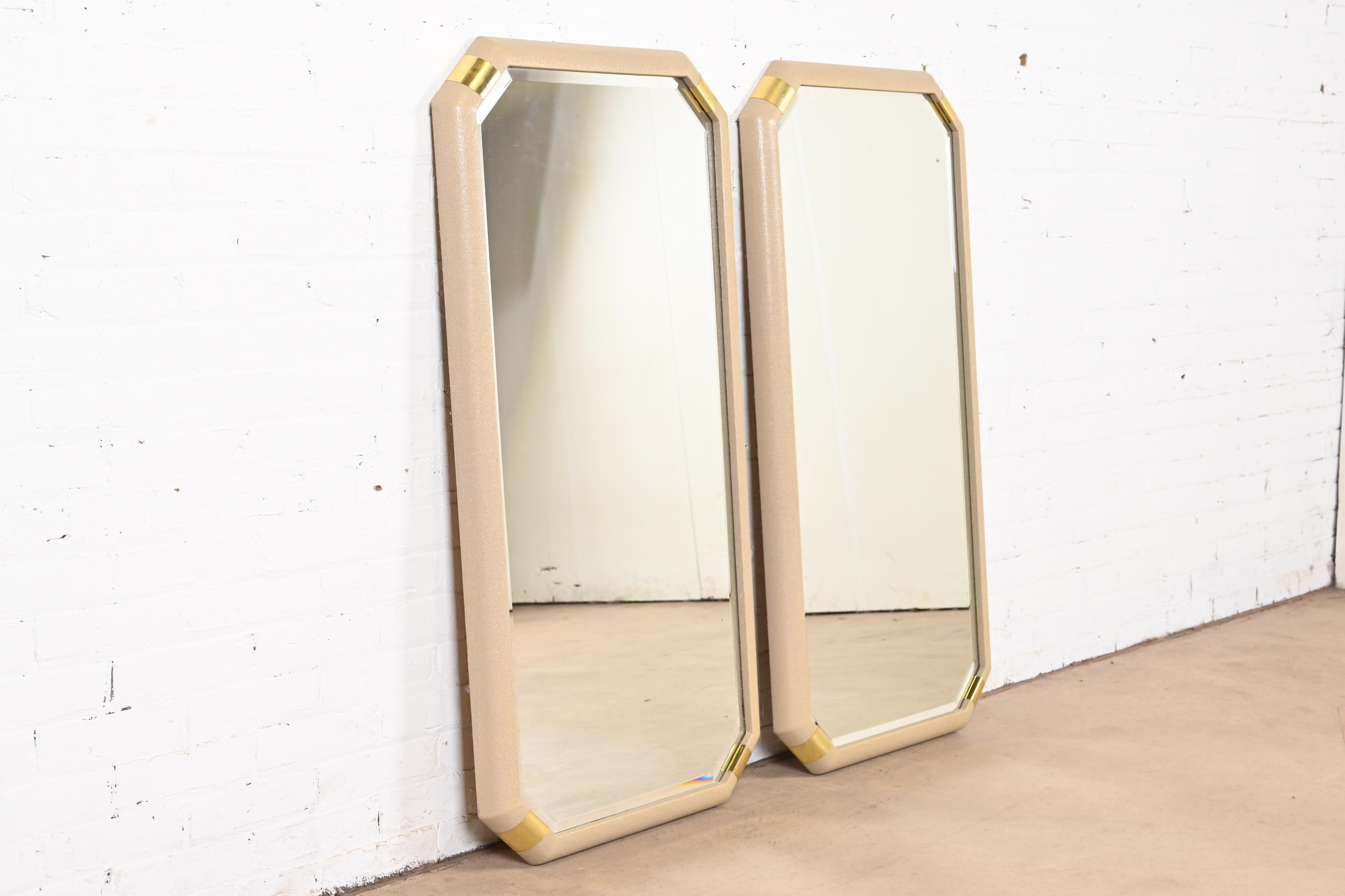 Romweber Hollywood Regency Chinoiserie Lacquered Grasscloth and Brass Wall Mirrors, Pair - Image 2