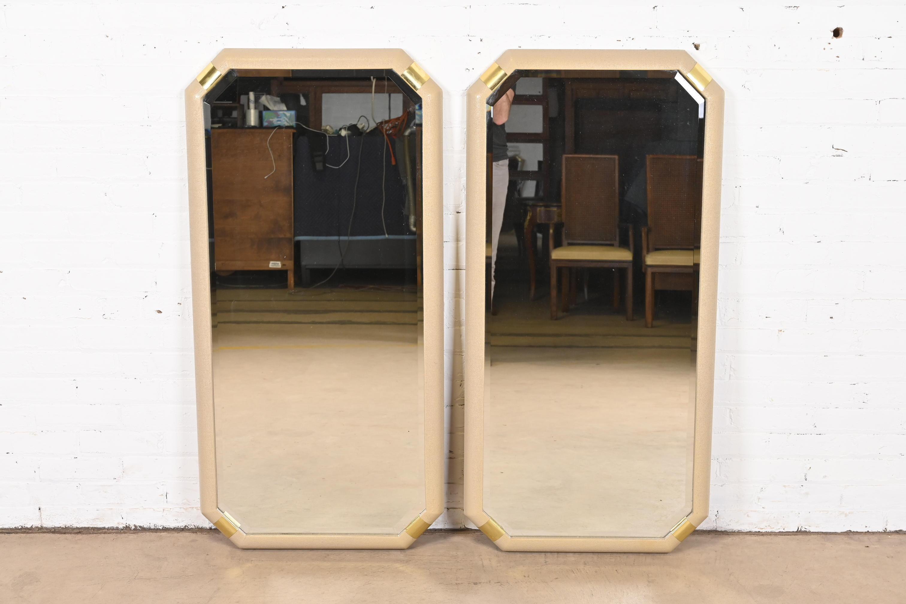 Romweber Hollywood Regency Chinoiserie Lacquered Grasscloth and Brass Wall Mirrors, Pair - Image 3