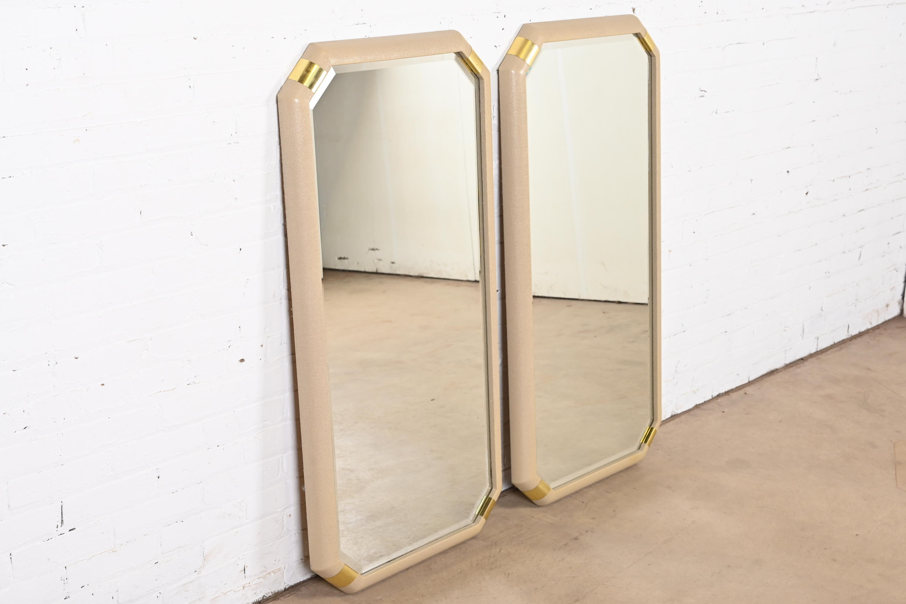 Romweber Hollywood Regency Chinoiserie Lacquered Grasscloth and Brass Wall Mirrors, Pair