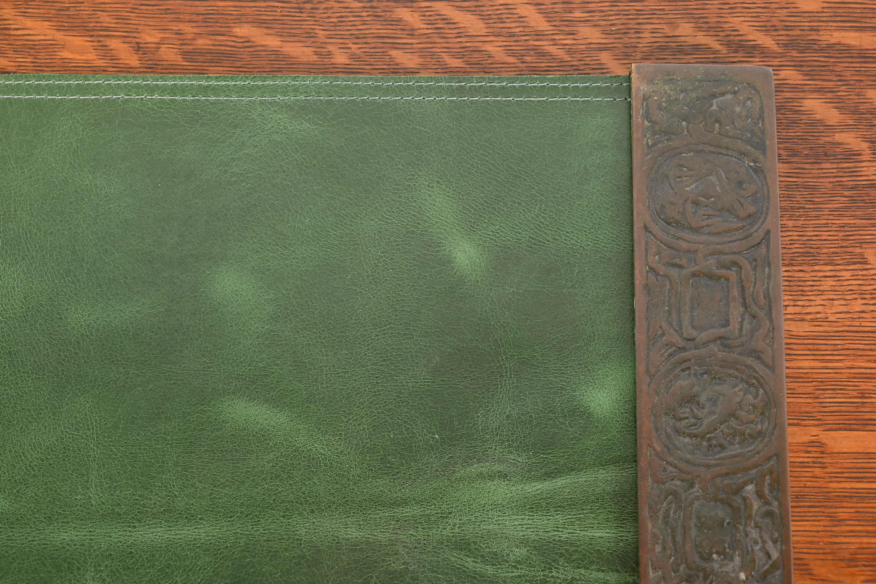 Tiffany Studios New York Zodiac Bronze Blotter Ends With Green Leather Desk Pad - Image 6