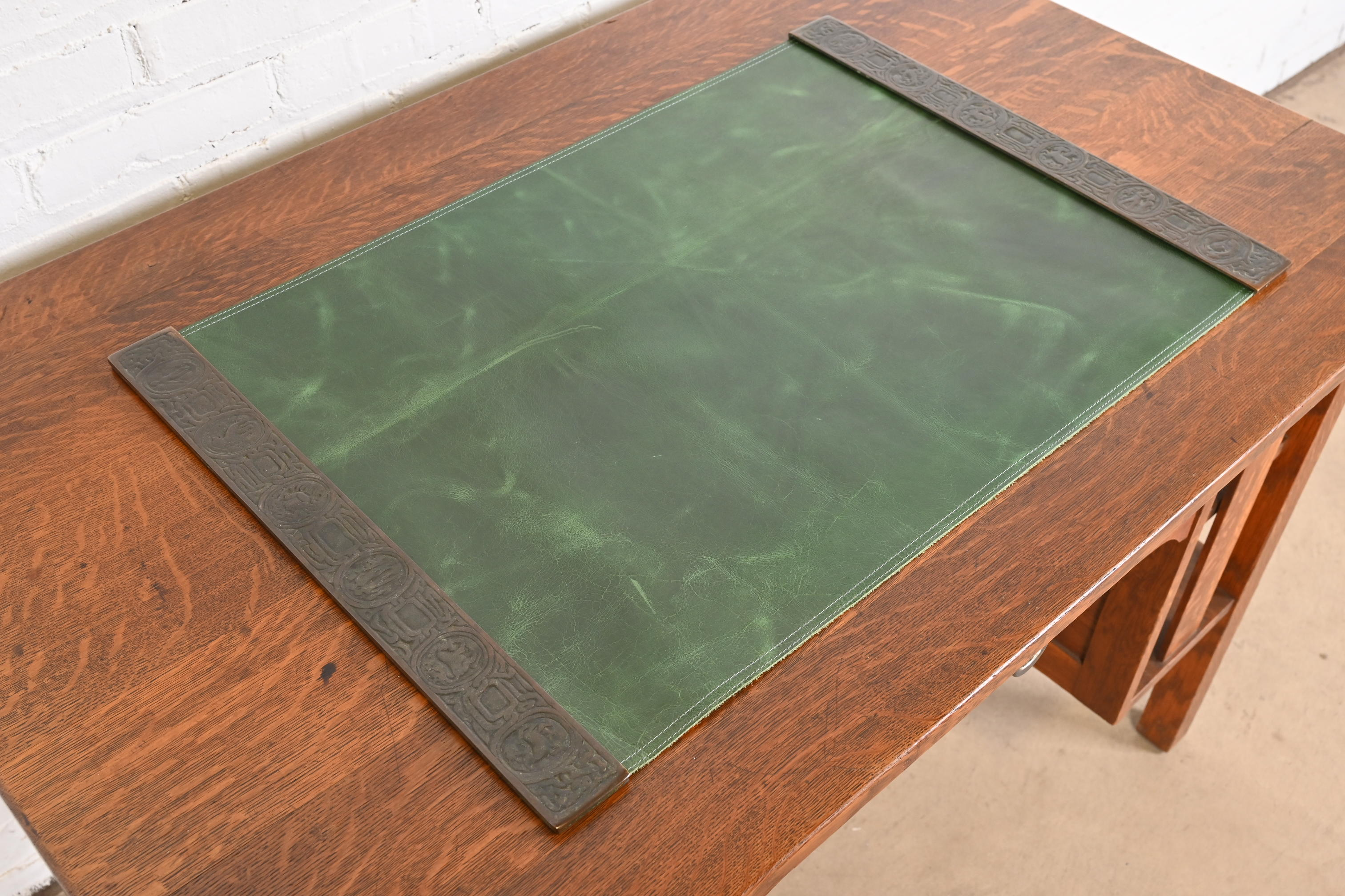 Tiffany Studios New York Zodiac Bronze Blotter Ends With Green Leather Desk Pad - Image 3