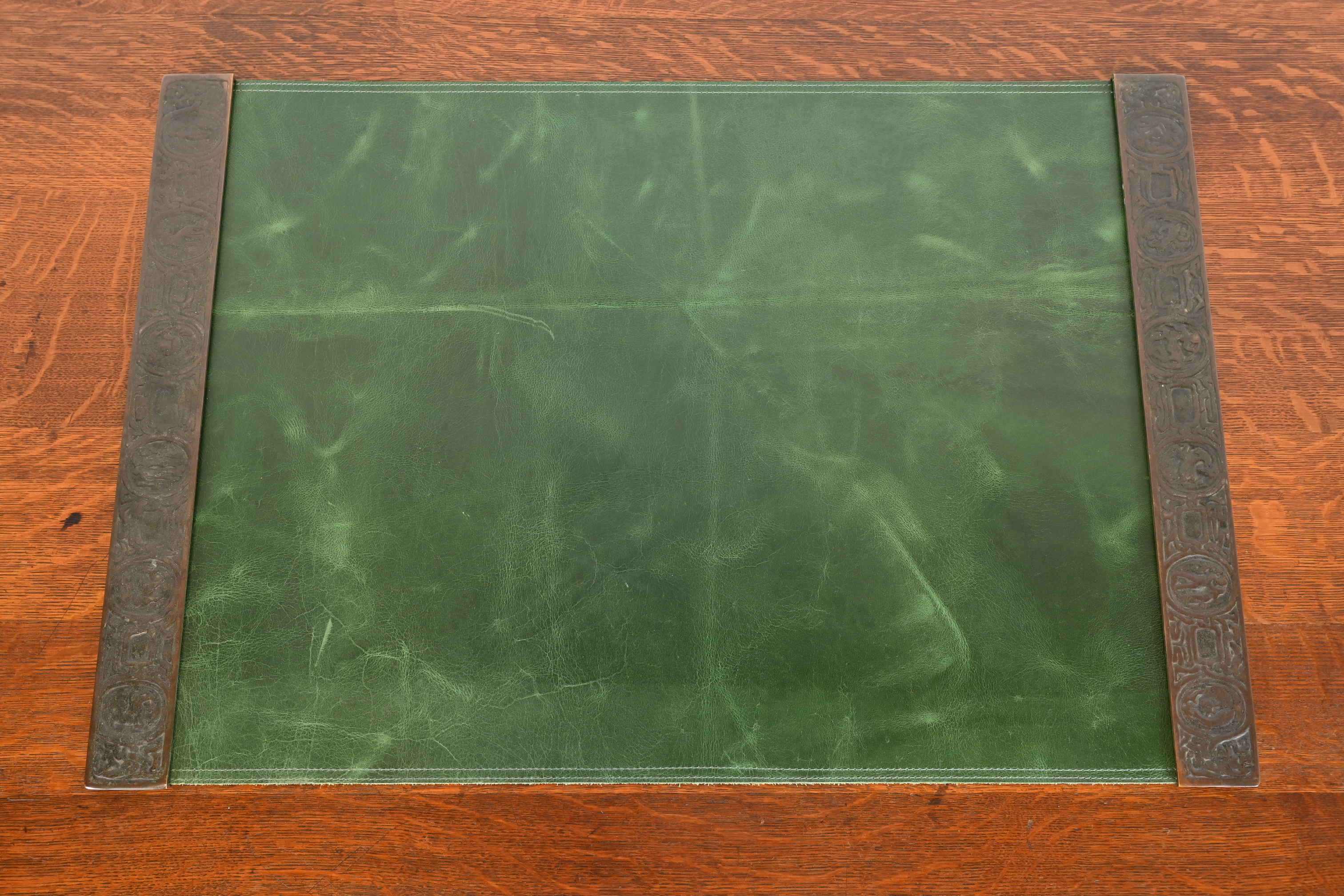 Tiffany Studios New York Zodiac Bronze Blotter Ends With Green Leather Desk Pad - Image 5