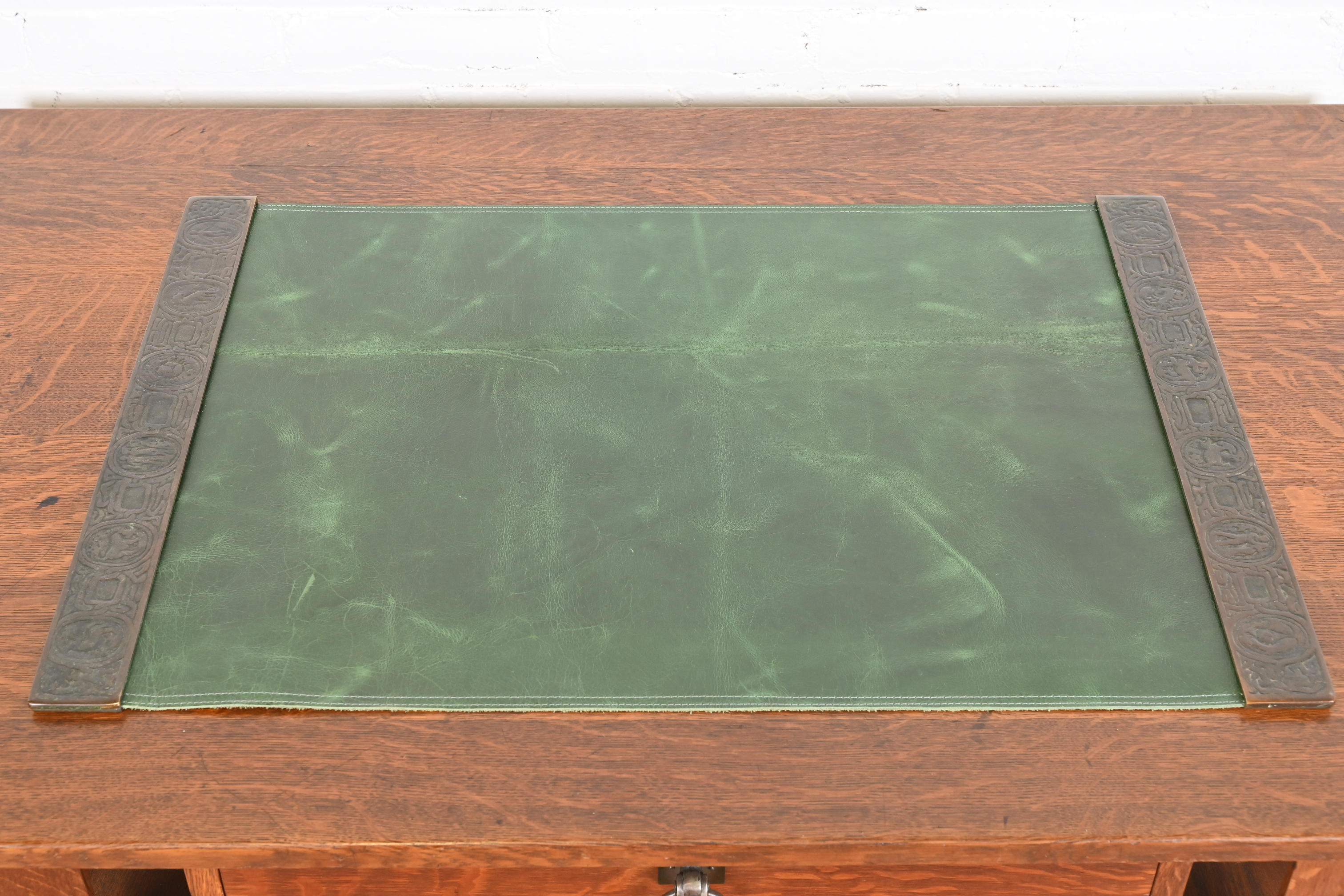 Tiffany Studios New York Zodiac Bronze Blotter Ends With Green Leather Desk Pad