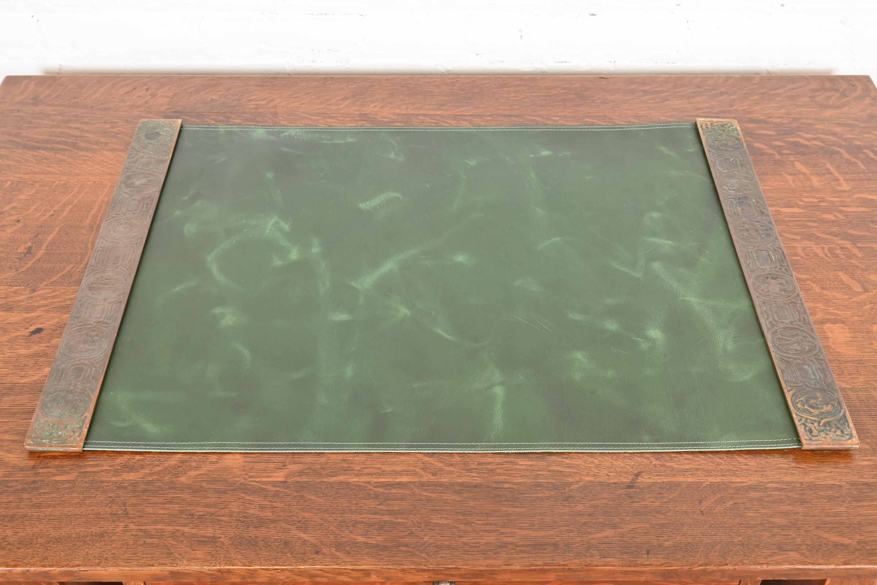 Tiffany Studios New York Zodiac Bronze Blotter Ends With Leather Desk Pad - Image 3