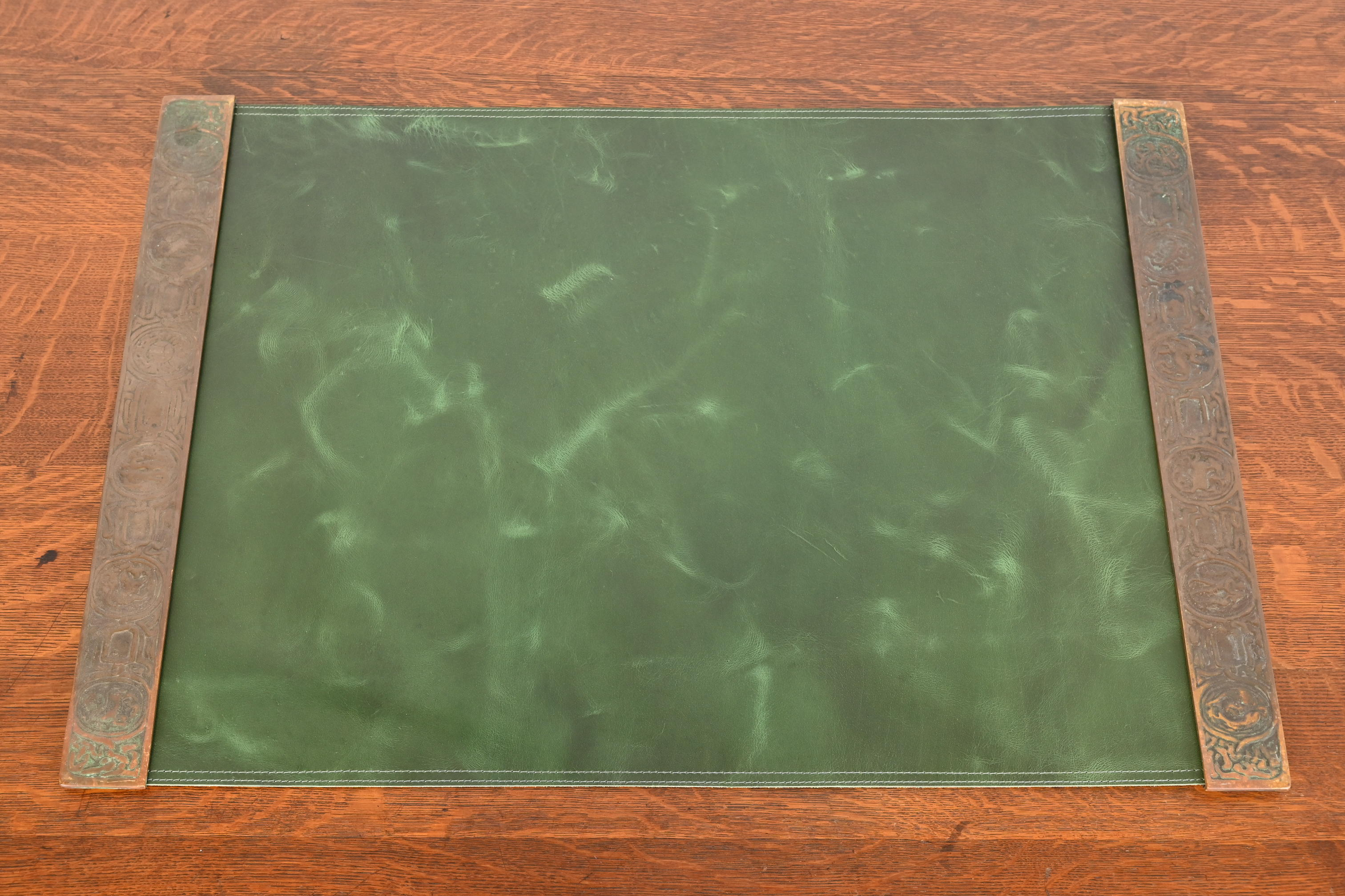 Tiffany Studios New York Zodiac Bronze Blotter Ends With Leather Desk Pad