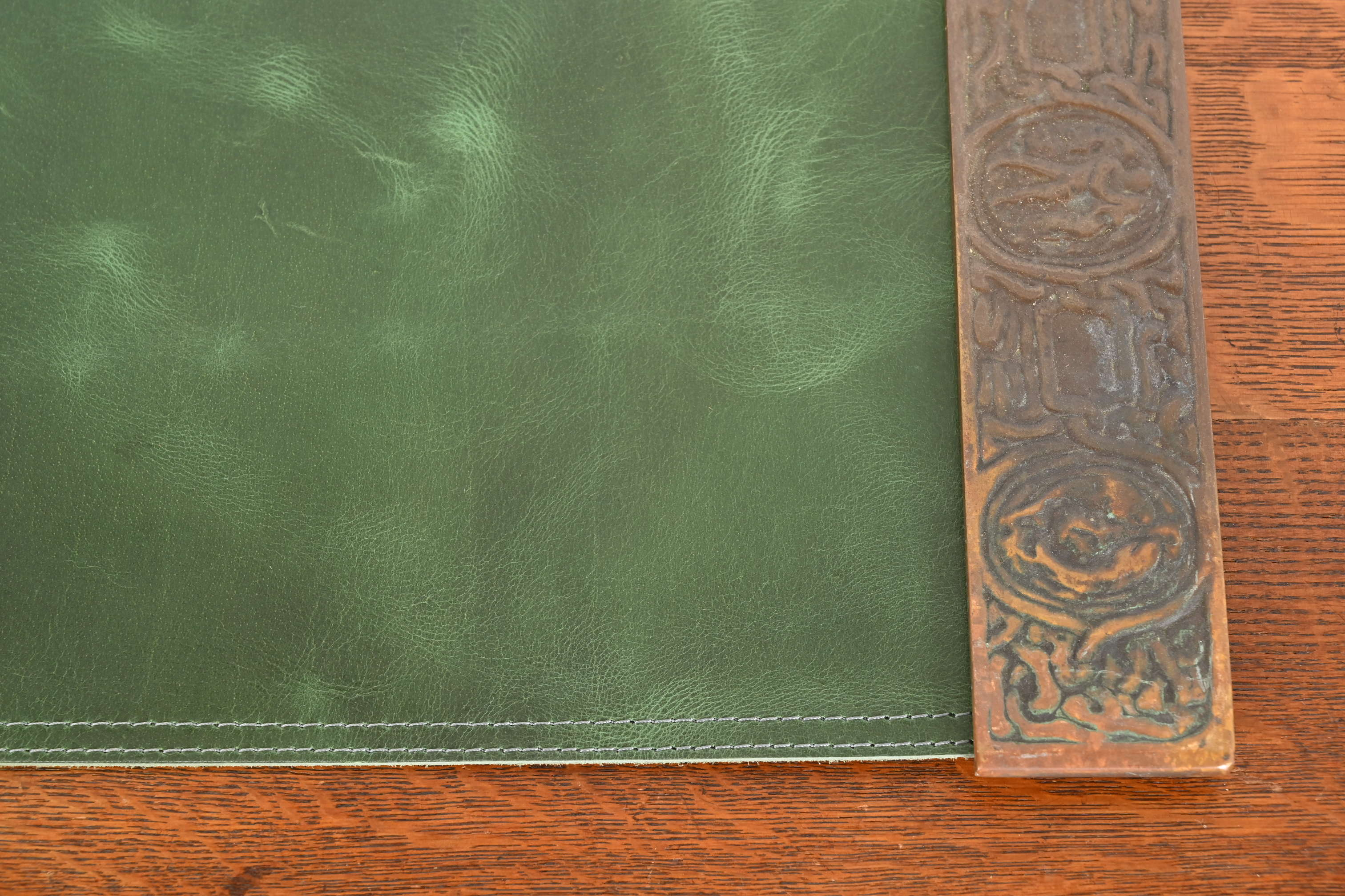 Tiffany Studios New York Zodiac Bronze Blotter Ends With Leather Desk Pad - Image 6