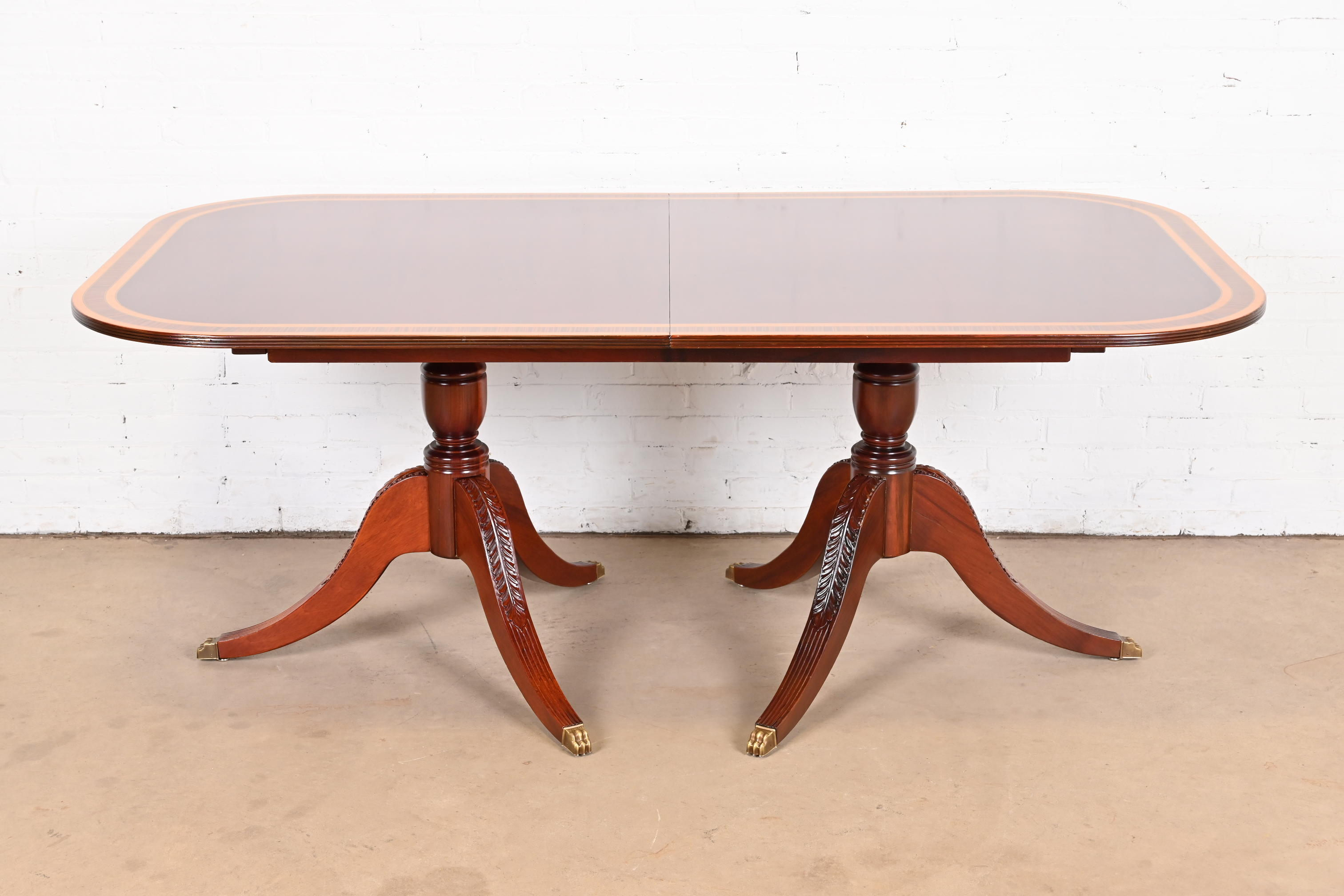 Baker Furniture Style Georgian Banded Mahogany Double Pedestal Extension Dining Table, Newly Refinished - Image 10