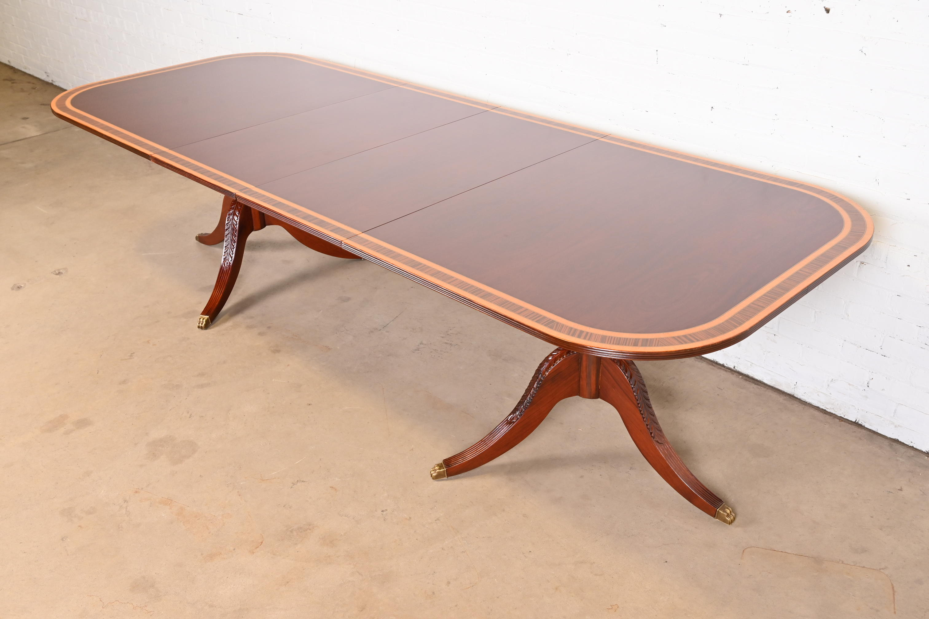 Baker Furniture Style Georgian Banded Mahogany Double Pedestal Extension Dining Table, Newly Refinished