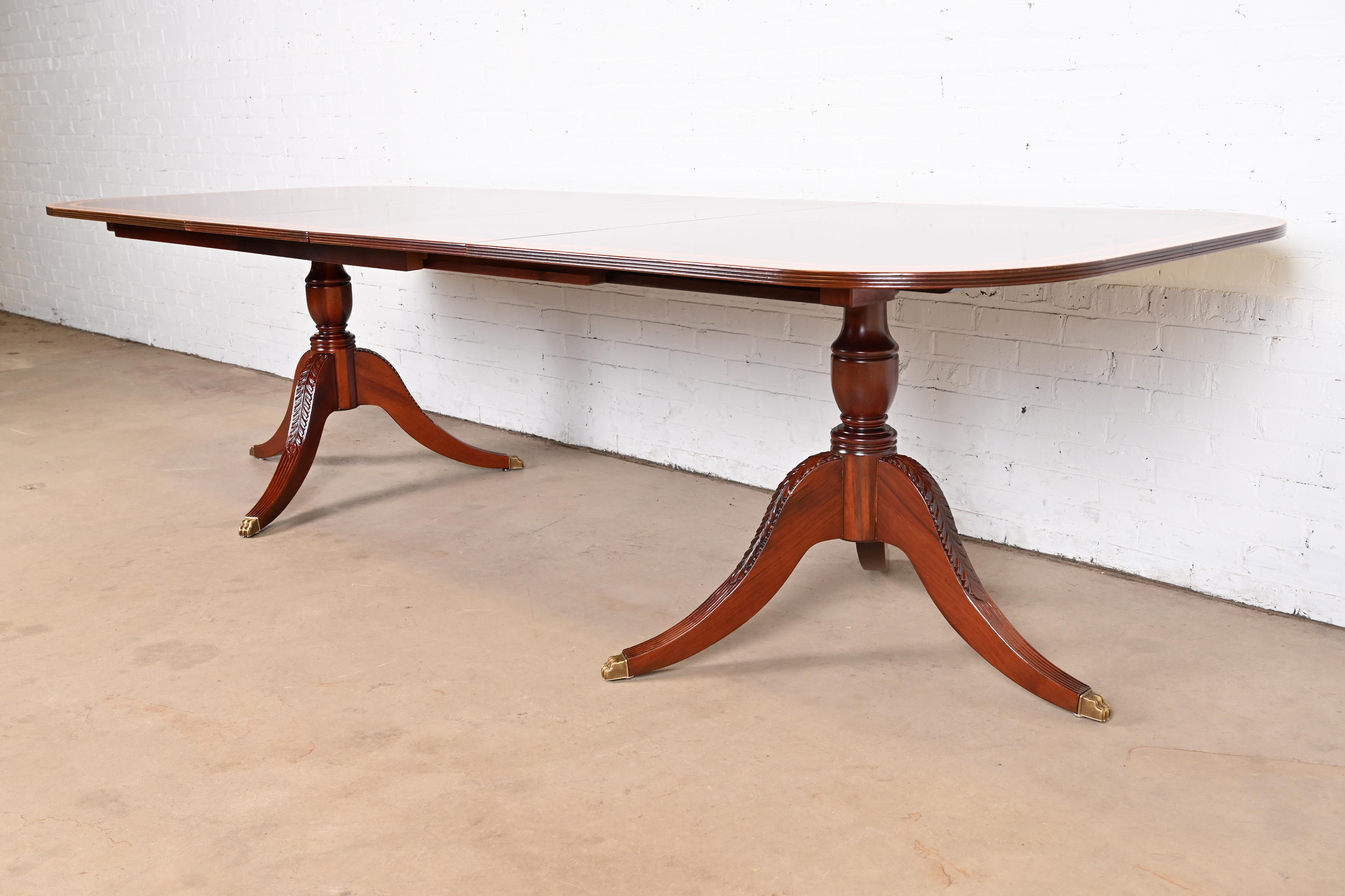 Baker Furniture Style Georgian Banded Mahogany Double Pedestal Extension Dining Table, Newly Refinished - Image 2