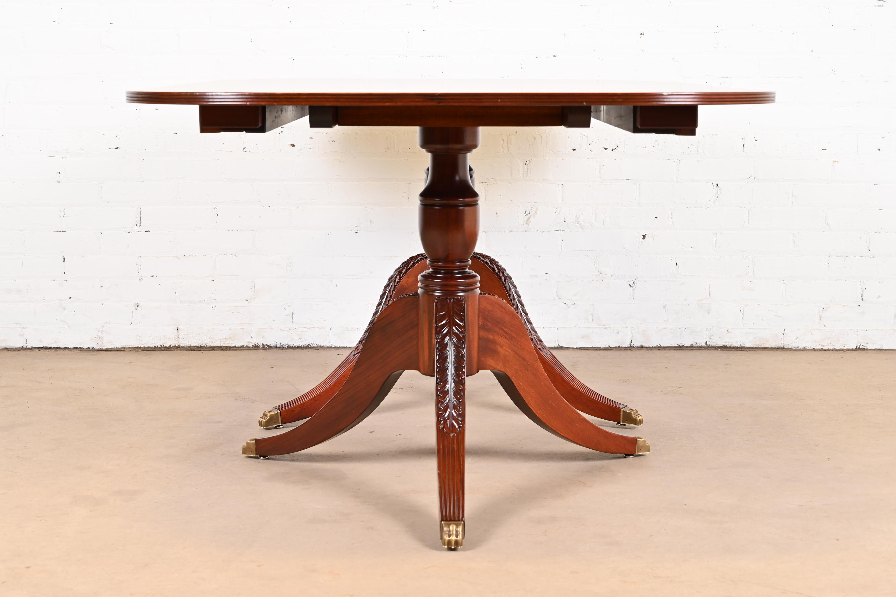 Baker Furniture Style Georgian Banded Mahogany Double Pedestal Extension Dining Table, Newly Refinished - Image 11