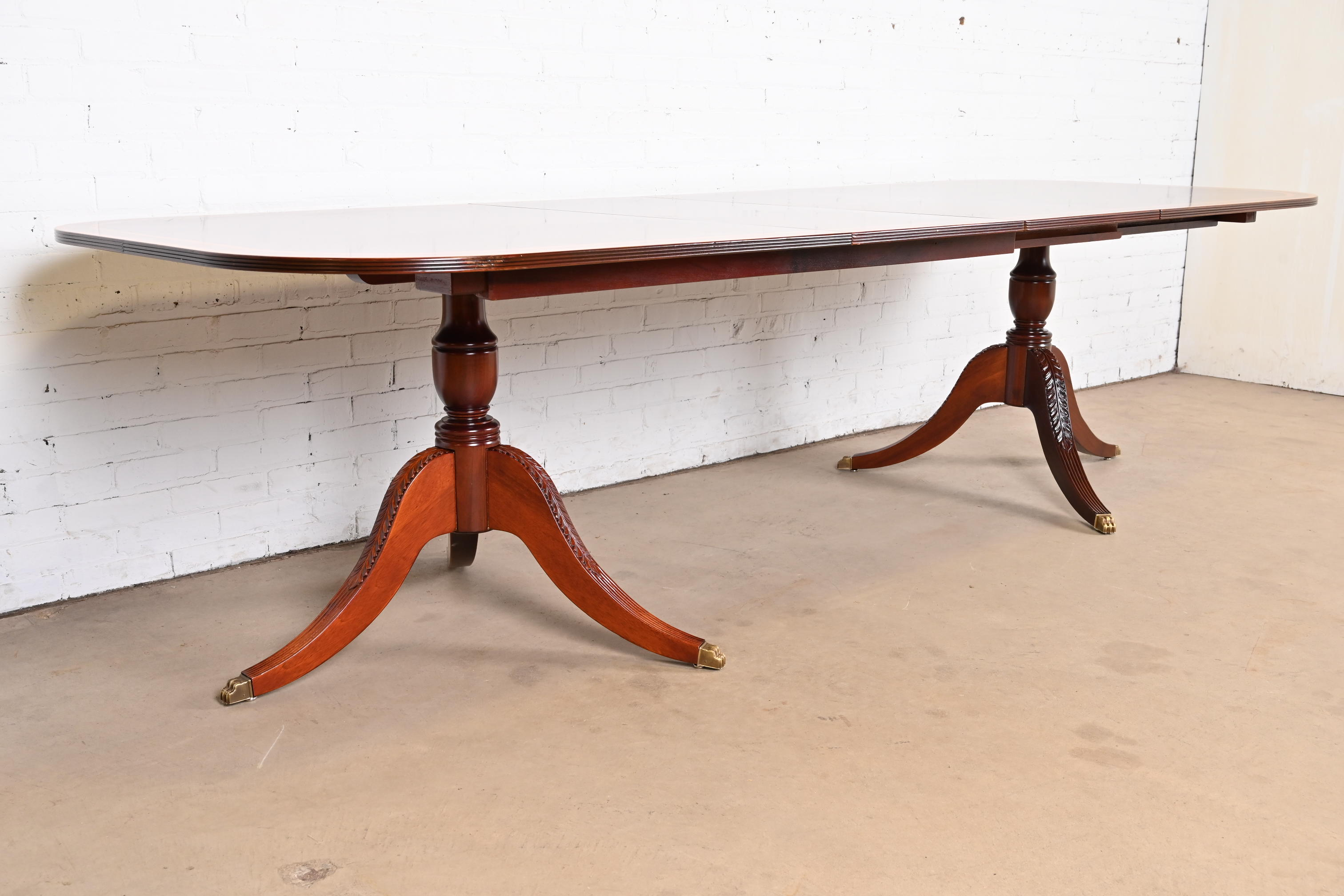 Baker Furniture Style Georgian Banded Mahogany Double Pedestal Extension Dining Table, Newly Refinished - Image 4