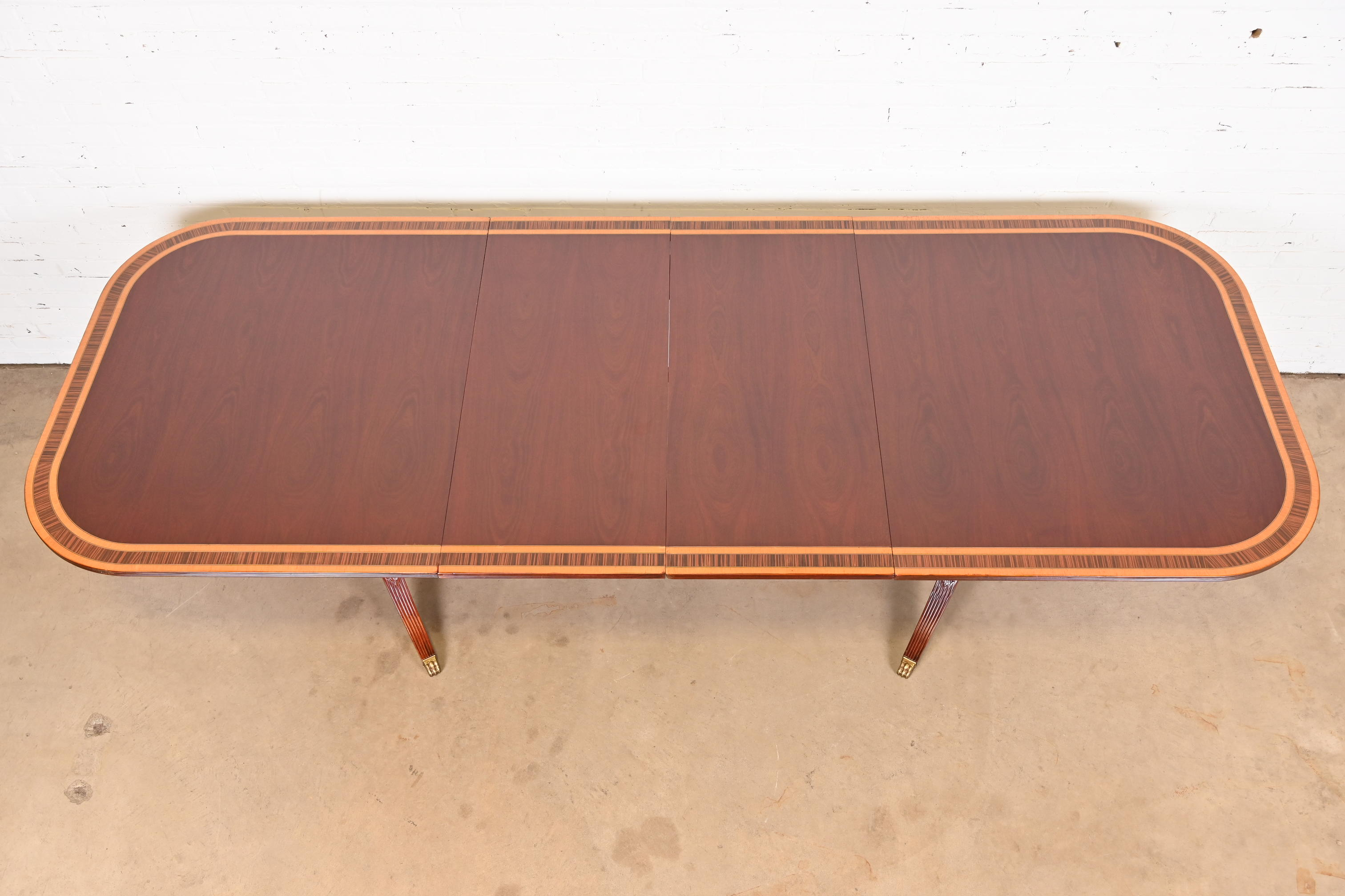 Baker Furniture Style Georgian Banded Mahogany Double Pedestal Extension Dining Table, Newly Refinished - Image 7