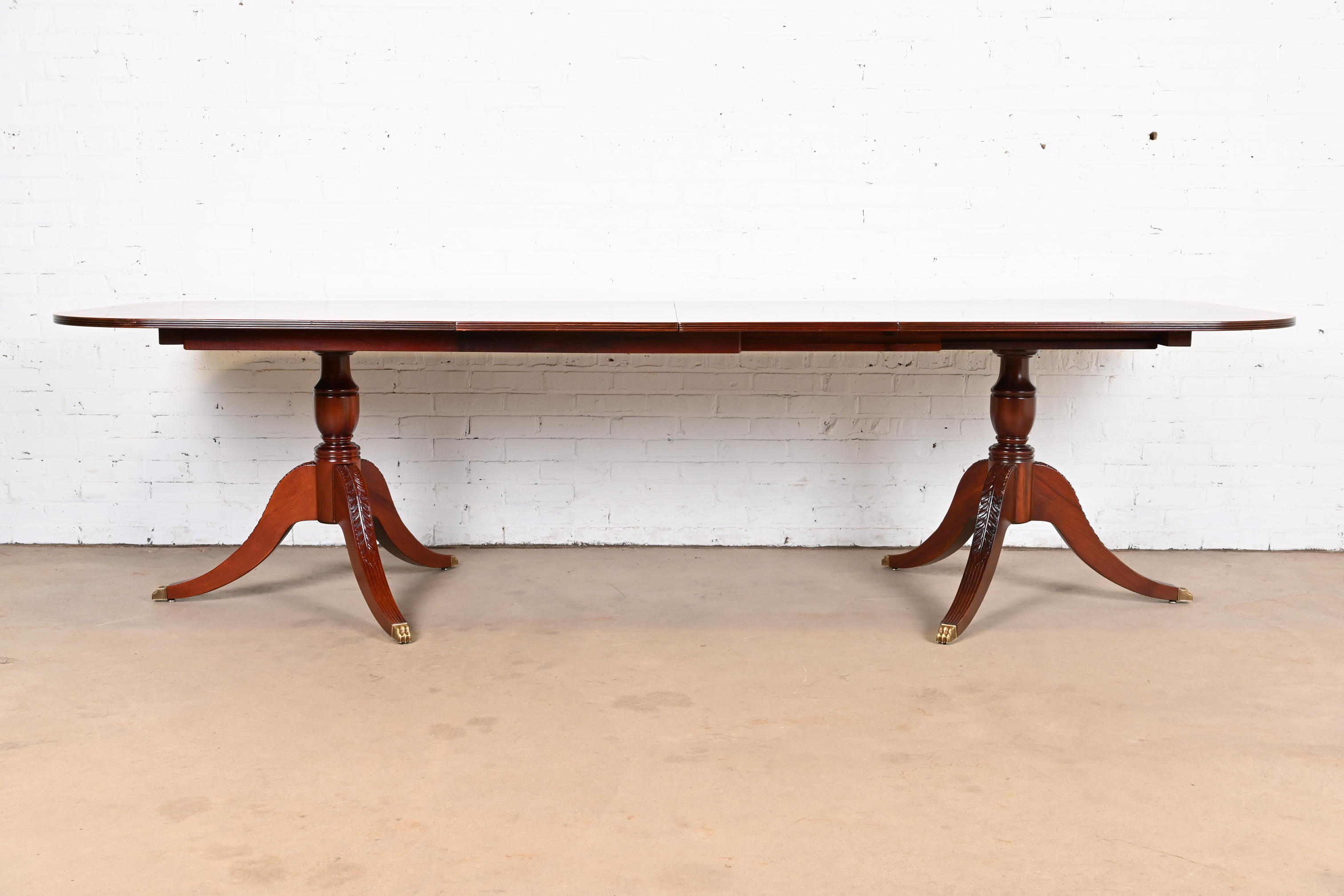 Baker Furniture Style Georgian Banded Mahogany Double Pedestal Extension Dining Table, Newly Refinished - Image 6
