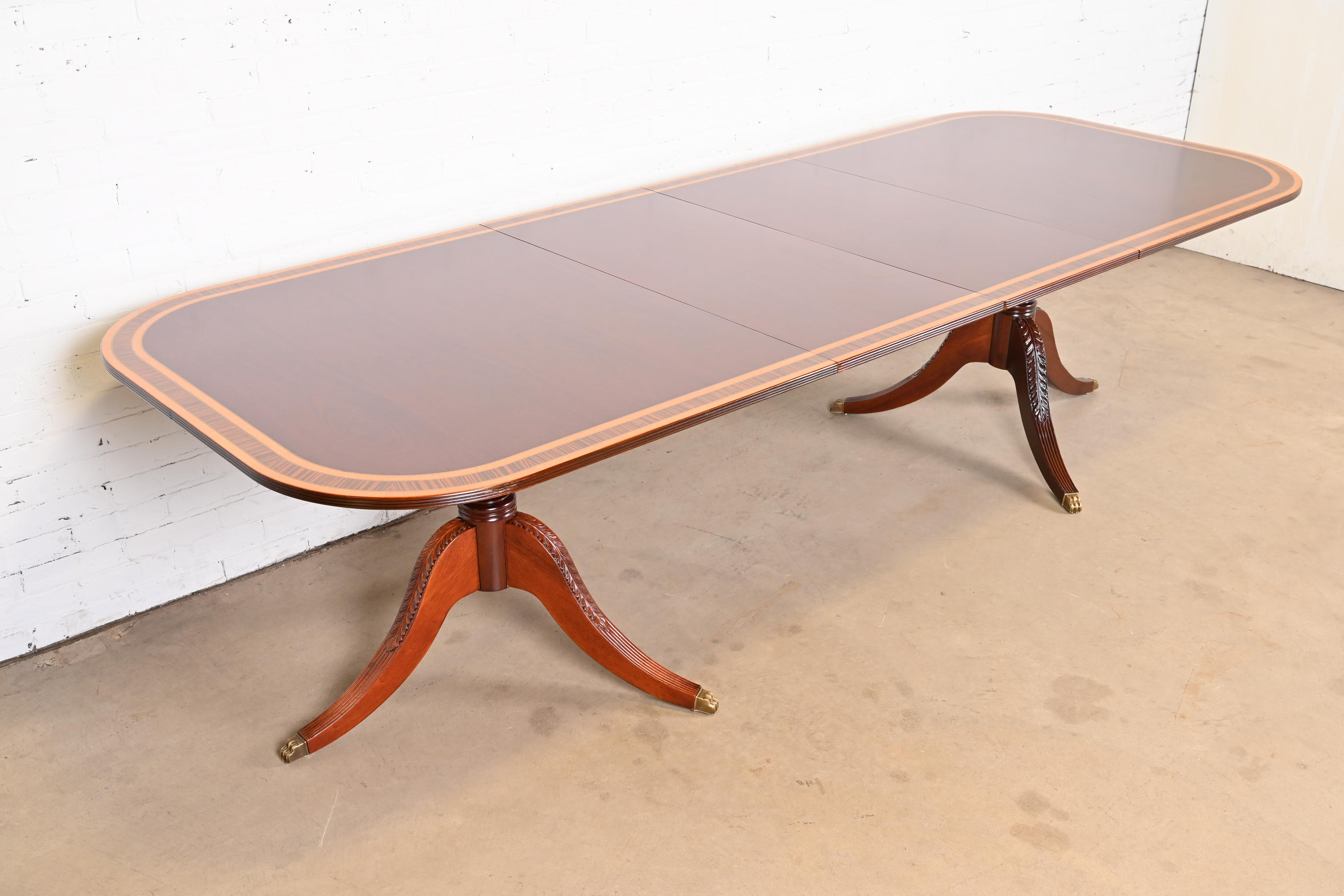 Baker Furniture Style Georgian Banded Mahogany Double Pedestal Extension Dining Table, Newly Refinished - Image 3