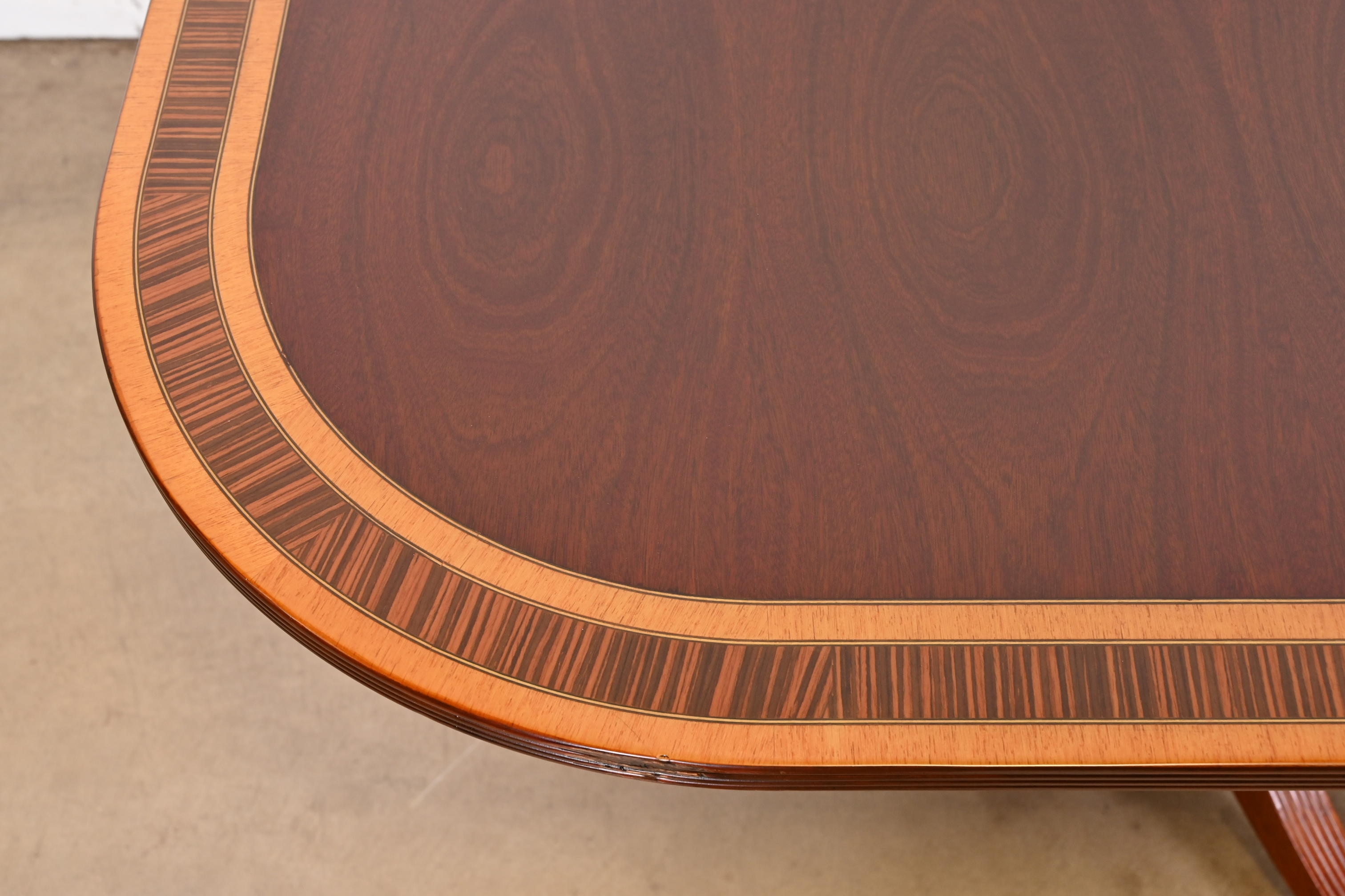 Baker Furniture Style Georgian Banded Mahogany Double Pedestal Extension Dining Table, Newly Refinished - Image 8