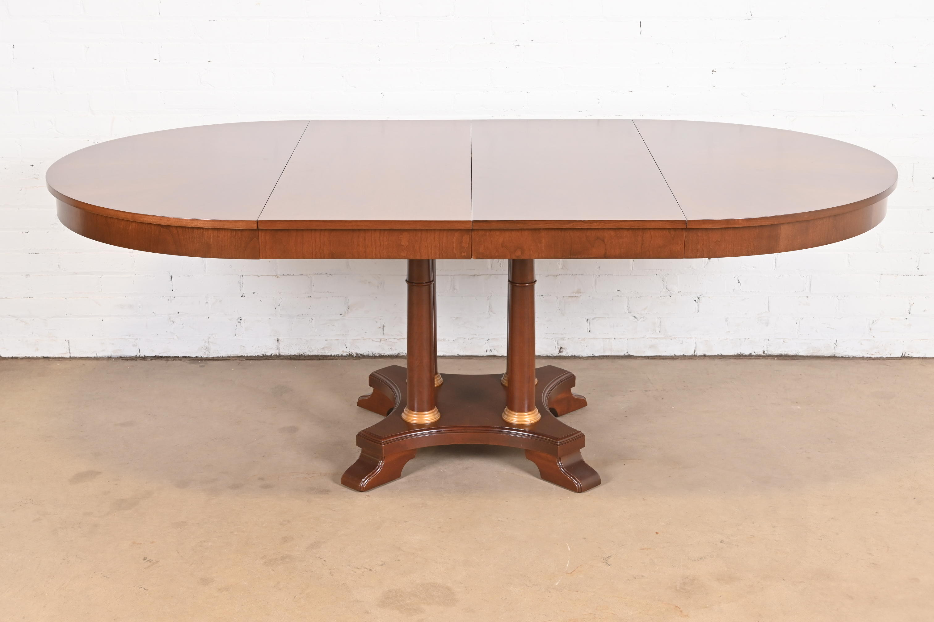 Ethan Allen Neoclassical Cherry Wood Pedestal Extension Dining Table, Newly Refinished