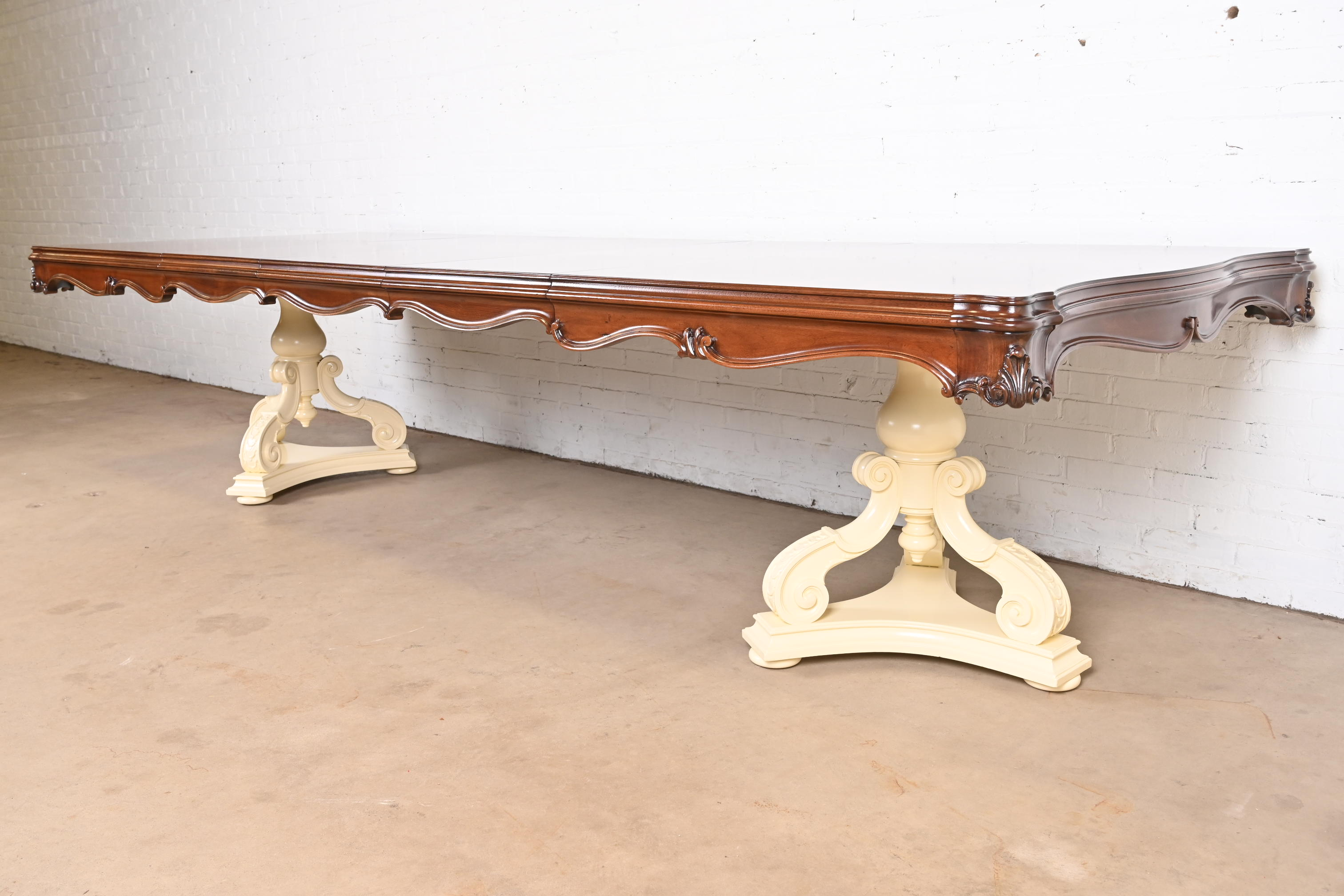 Karges Regency Burled Walnut Double Pedestal Extension Dining Table, Newly Refinished - Image 4