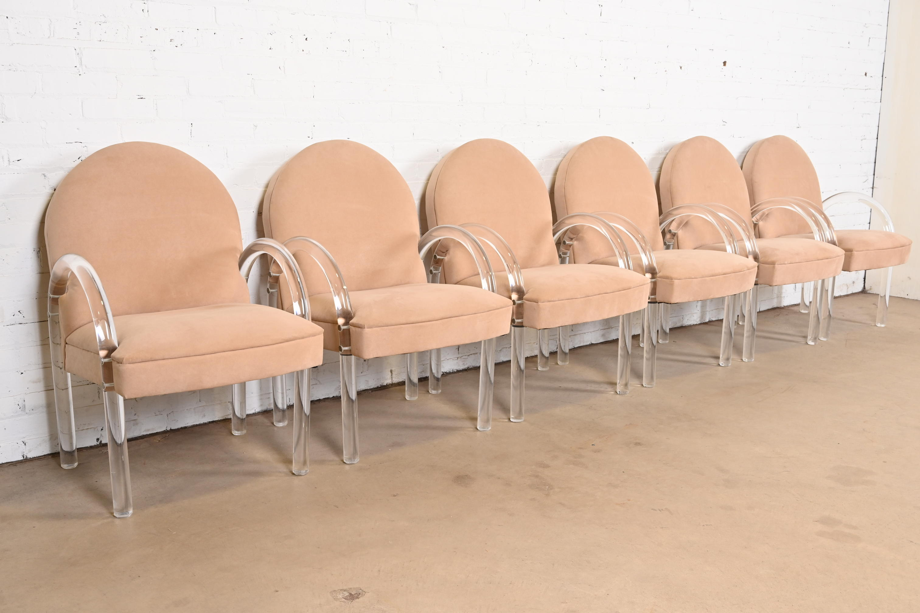 Leon Rosen for Pace Collection Modern Art Deco Lucite Waterfall Armchairs, Set of Six