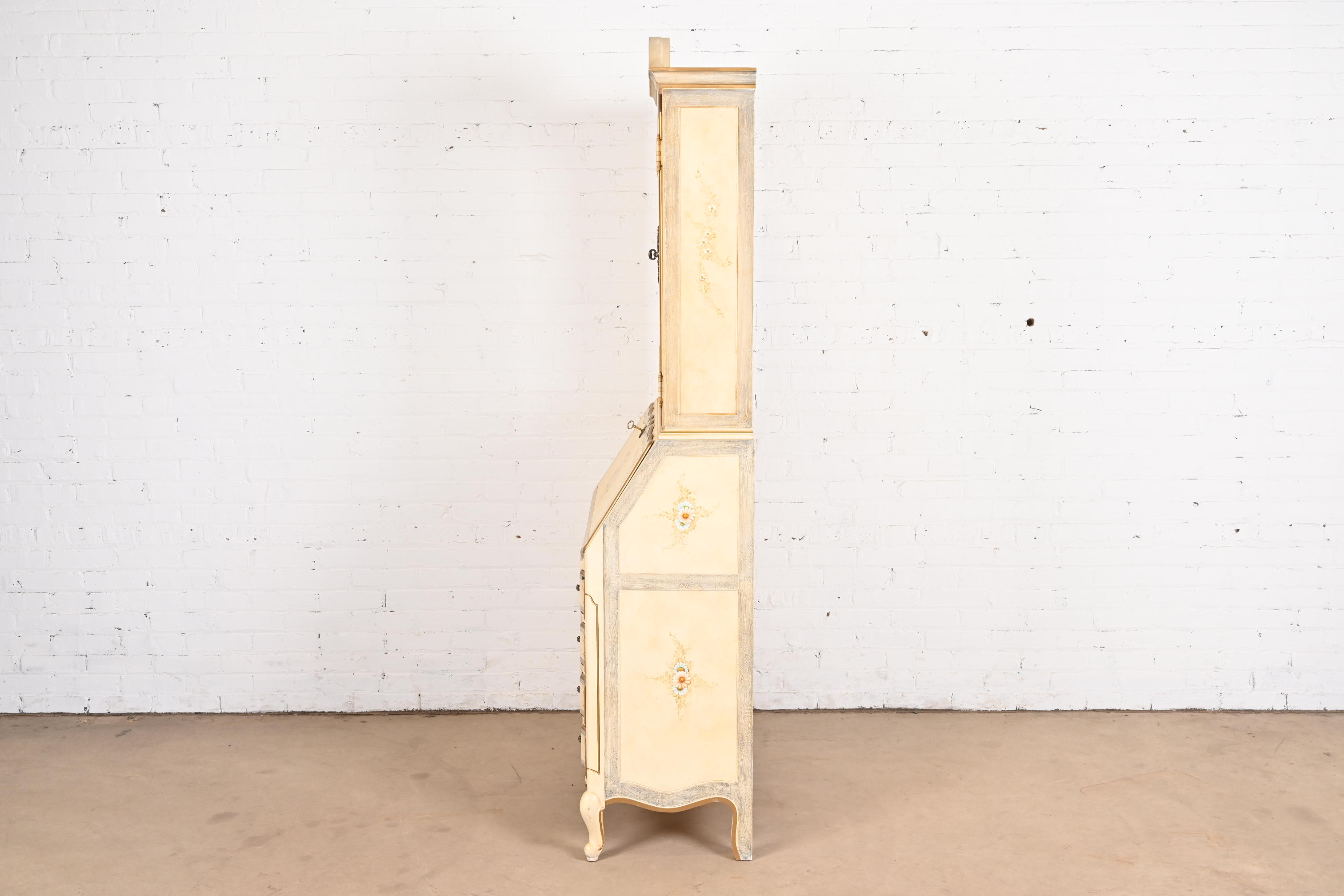 Maddox French Provincial Louis XV Hand Painted Secretary Desk With Mirrored Bookcase Hutch Top - Image 10