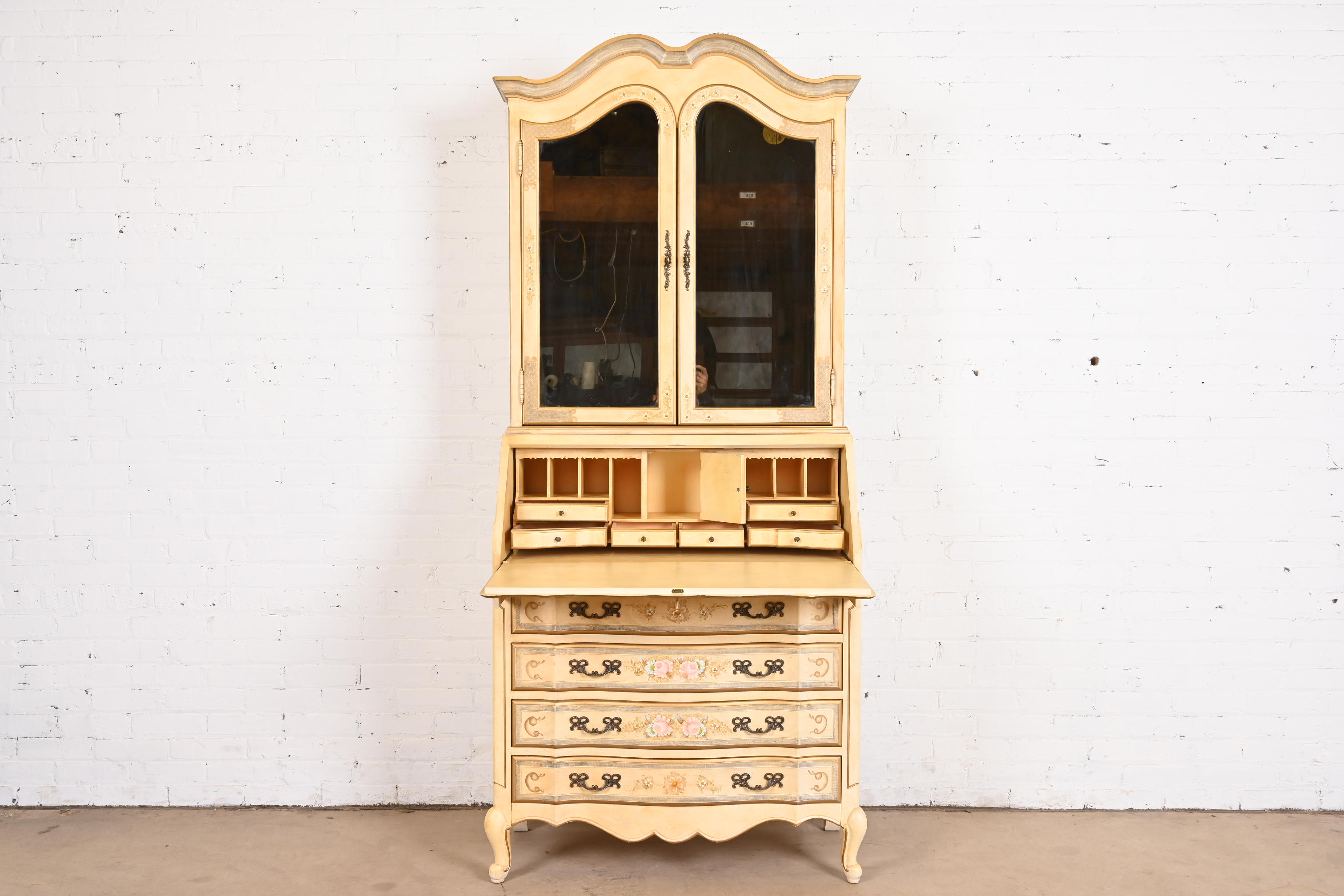 Maddox French Provincial Louis XV Hand Painted Secretary Desk With Mirrored Bookcase Hutch Top - Image 6