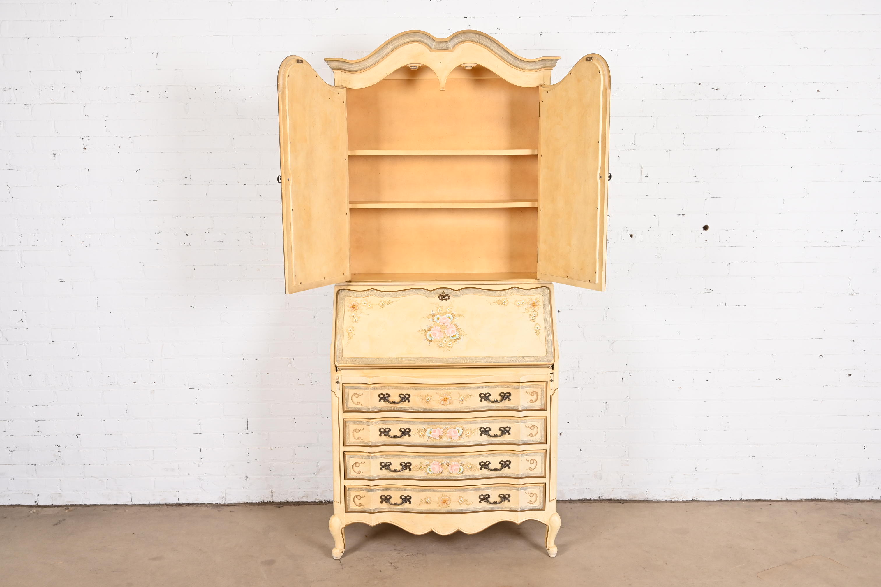 Maddox French Provincial Louis XV Hand Painted Secretary Desk With Mirrored Bookcase Hutch Top - Image 5