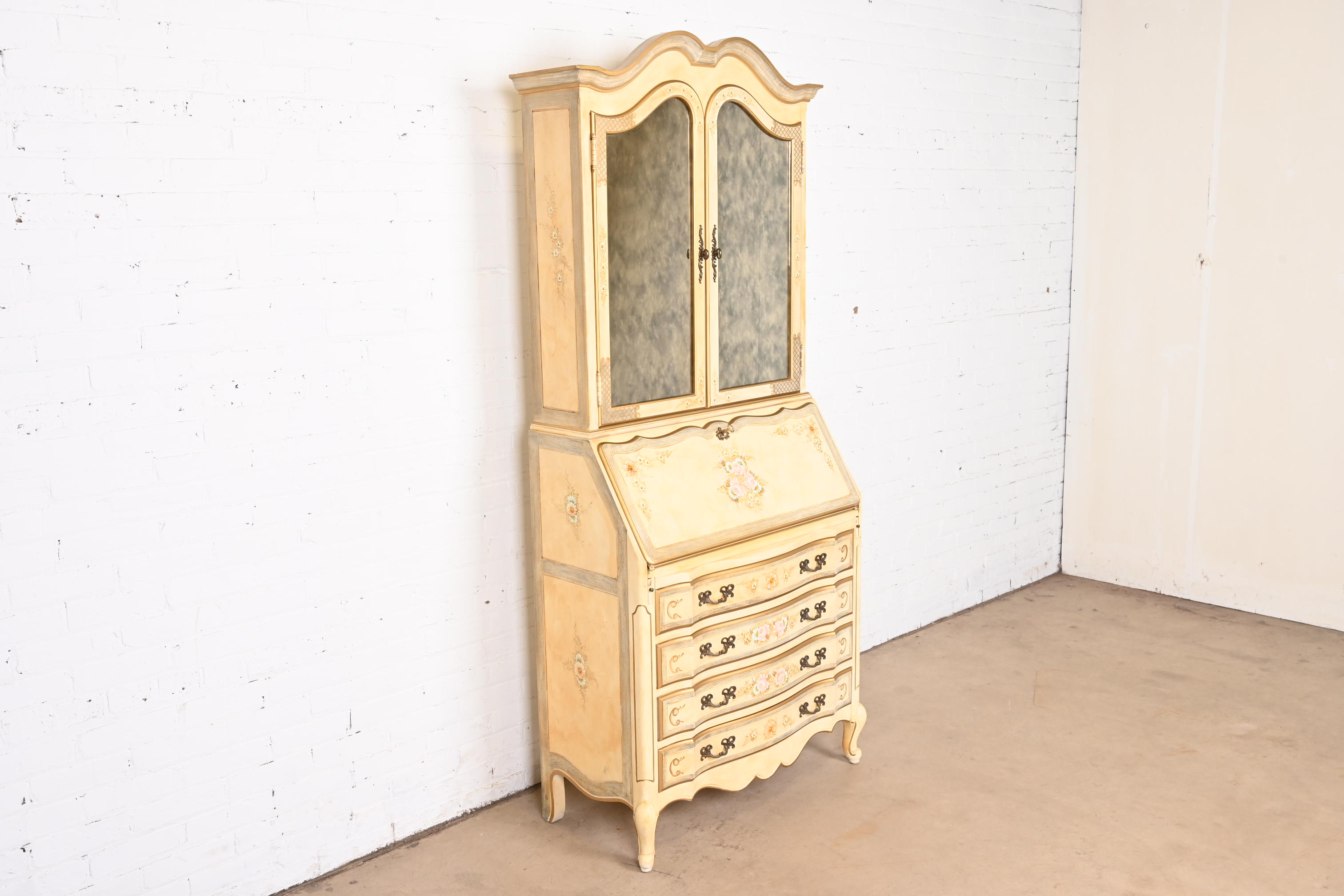Maddox French Provincial Louis XV Hand Painted Secretary Desk With Mirrored Bookcase Hutch Top - Image 2