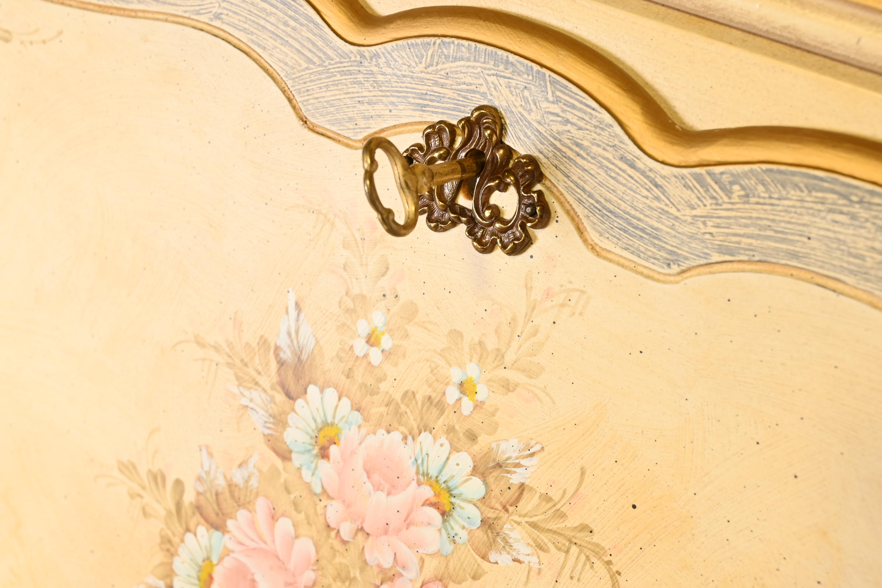 Maddox French Provincial Louis XV Hand Painted Secretary Desk With Mirrored Bookcase Hutch Top - Image 7