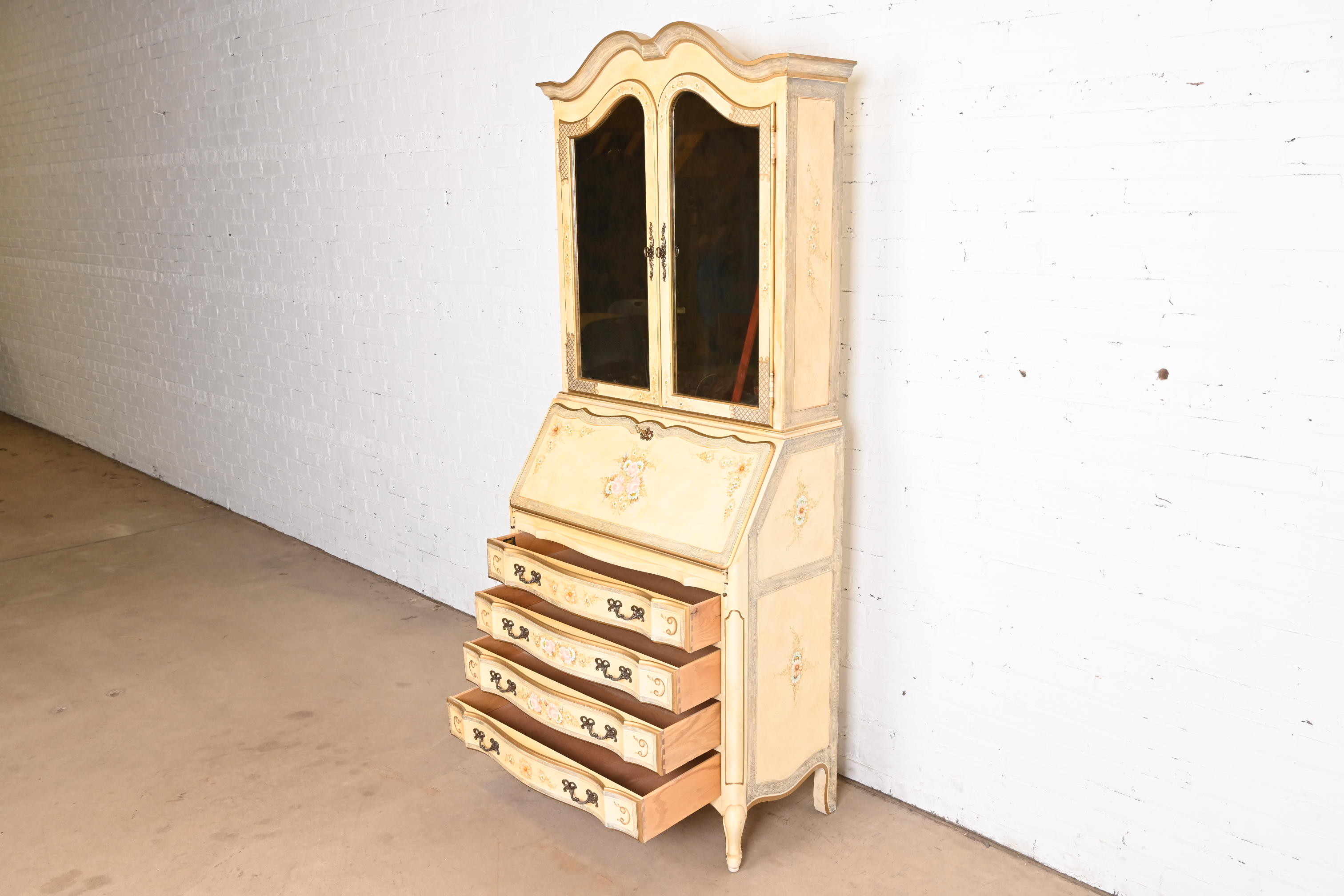 Maddox French Provincial Louis XV Hand Painted Secretary Desk With Mirrored Bookcase Hutch Top - Image 8
