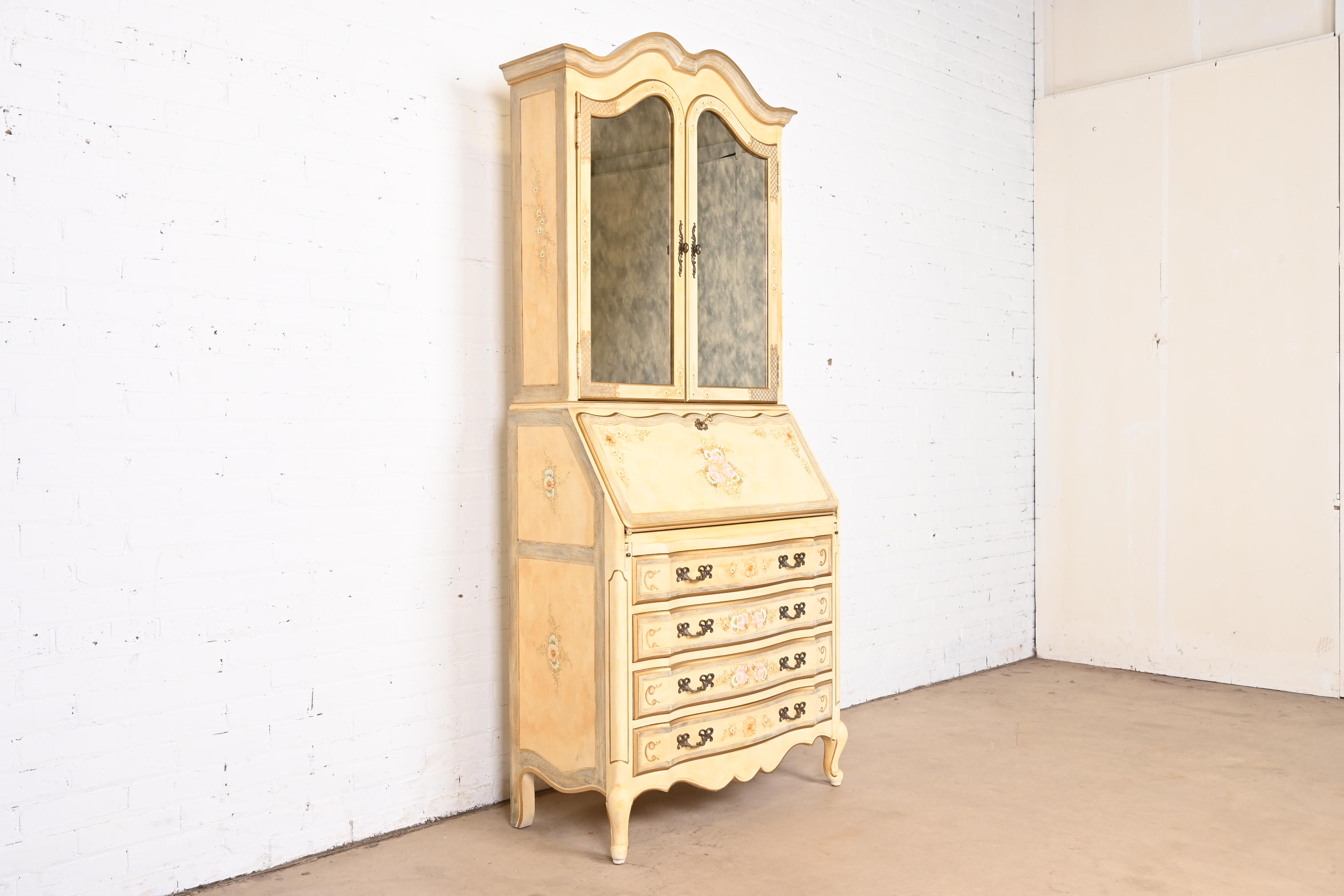 Maddox French Provincial Louis XV Hand Painted Secretary Desk With Mirrored Bookcase Hutch Top