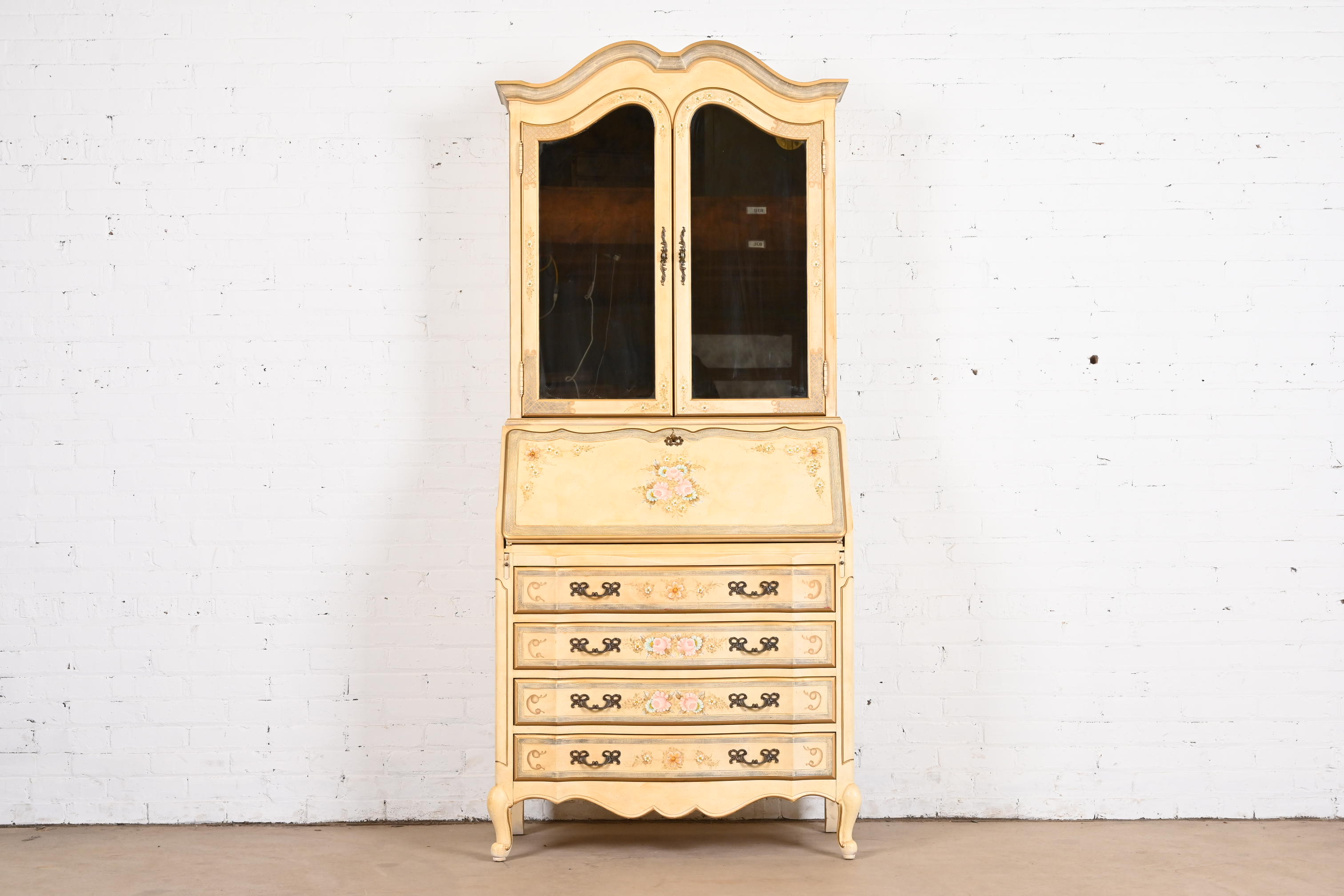 Maddox French Provincial Louis XV Hand Painted Secretary Desk With Mirrored Bookcase Hutch Top - Image 4