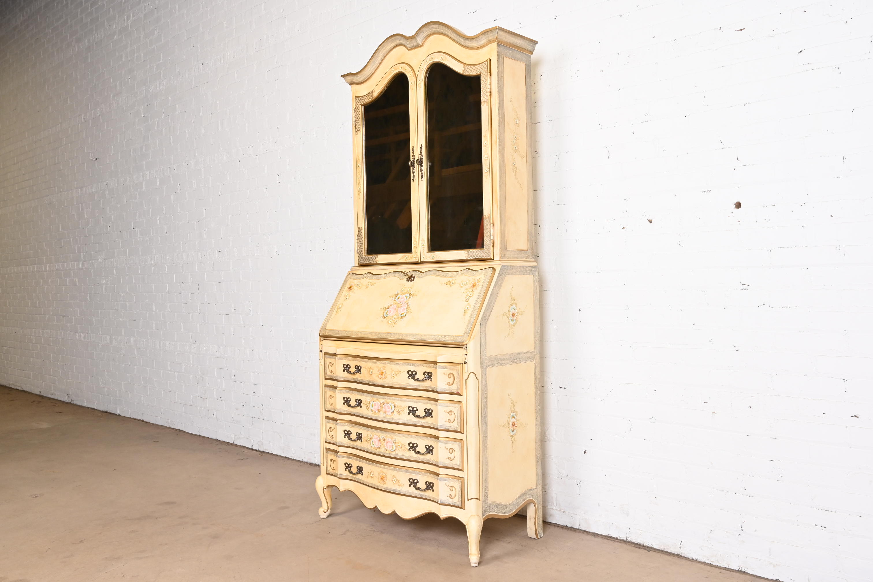 Maddox French Provincial Louis XV Hand Painted Secretary Desk With Mirrored Bookcase Hutch Top - Image 3