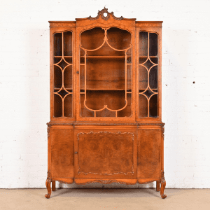 Romweber French Provincial Louis XV Burl Wood Breakfront Bookcase Cabinet, Circa 1920s
