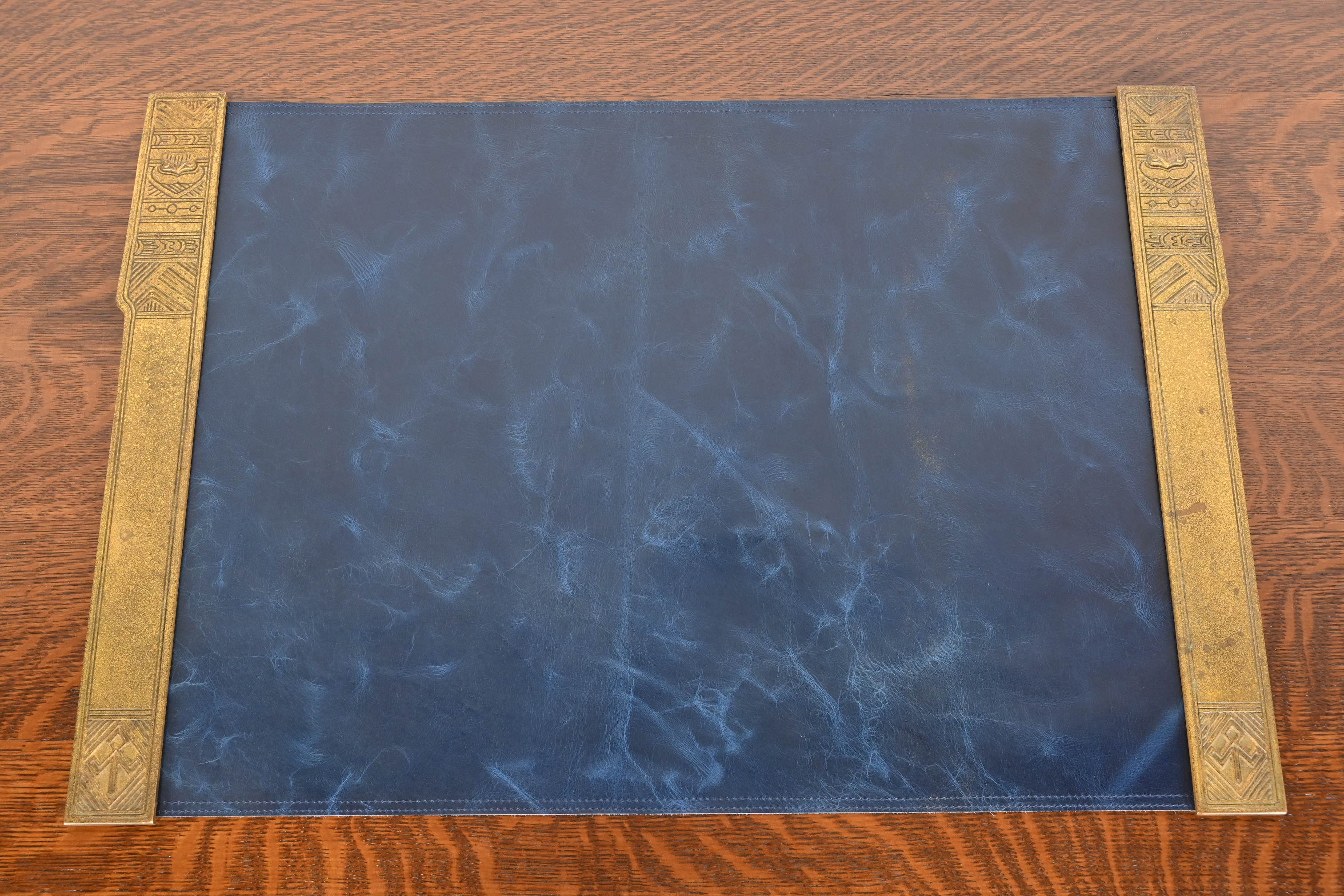 Tiffany Studios New York 'American Indian' Bronze Doré Blotter Ends With Leather Desk Blotter