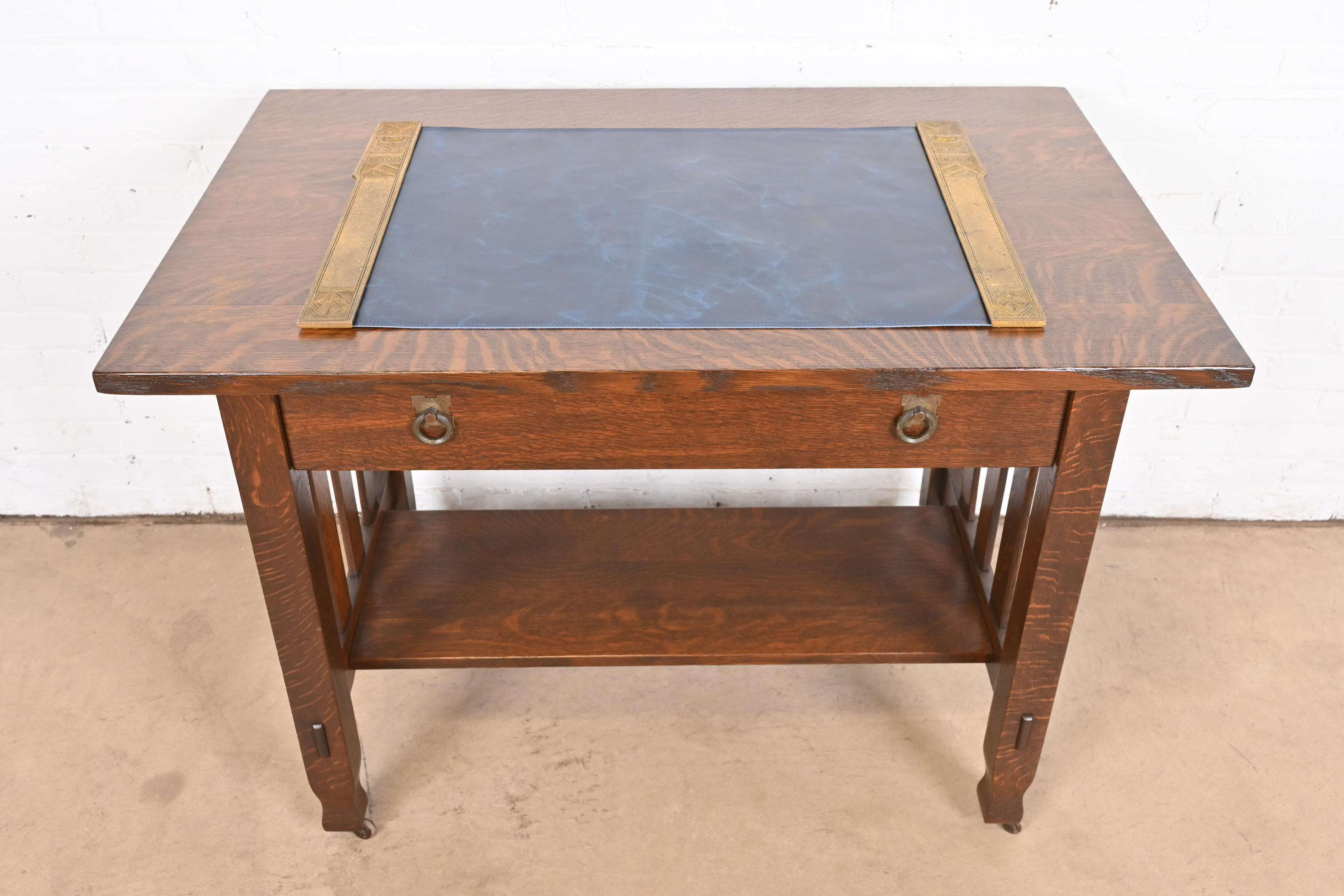 Tiffany Studios New York 'American Indian' Bronze Doré Blotter Ends With Leather Desk Blotter - Image 2