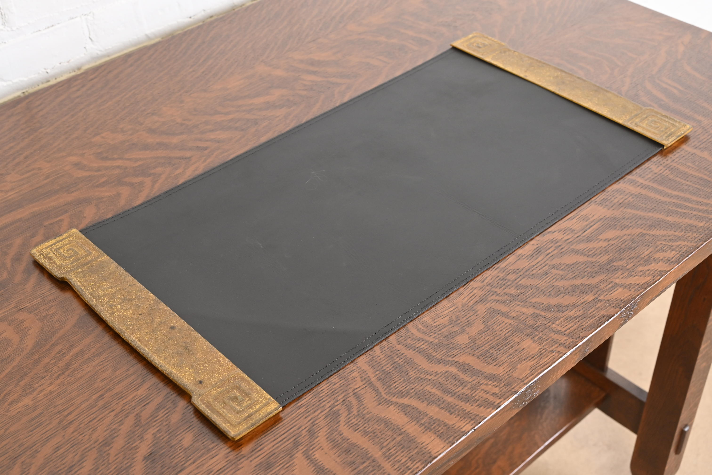 Tiffany Studios New York Greek Key Bronze Doré Blotter Ends With Leather Desk Blotter - Image 4