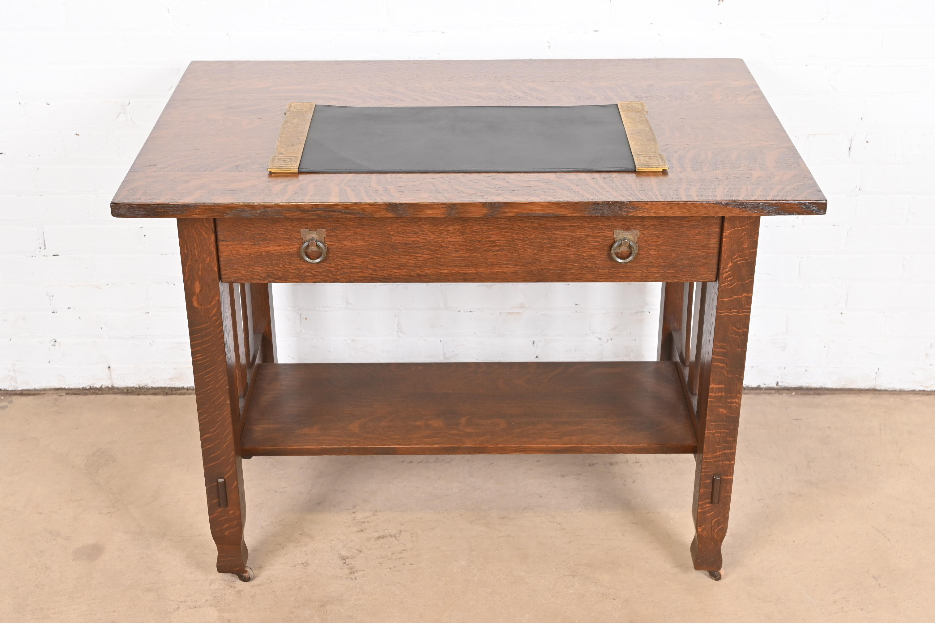Tiffany Studios New York Greek Key Bronze Doré Blotter Ends With Leather Desk Blotter - Image 2