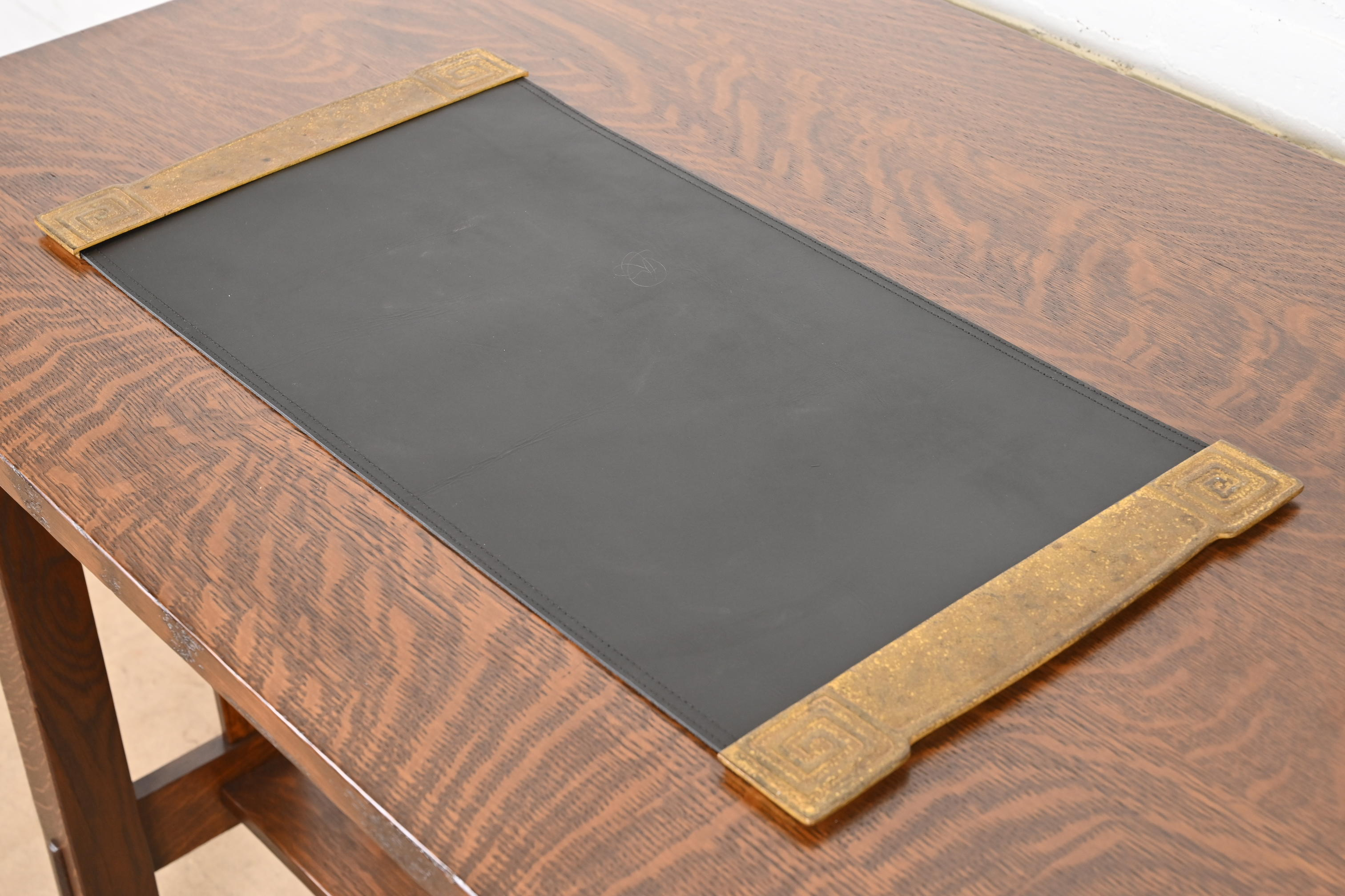 Tiffany Studios New York Greek Key Bronze Doré Blotter Ends With Leather Desk Blotter - Image 3