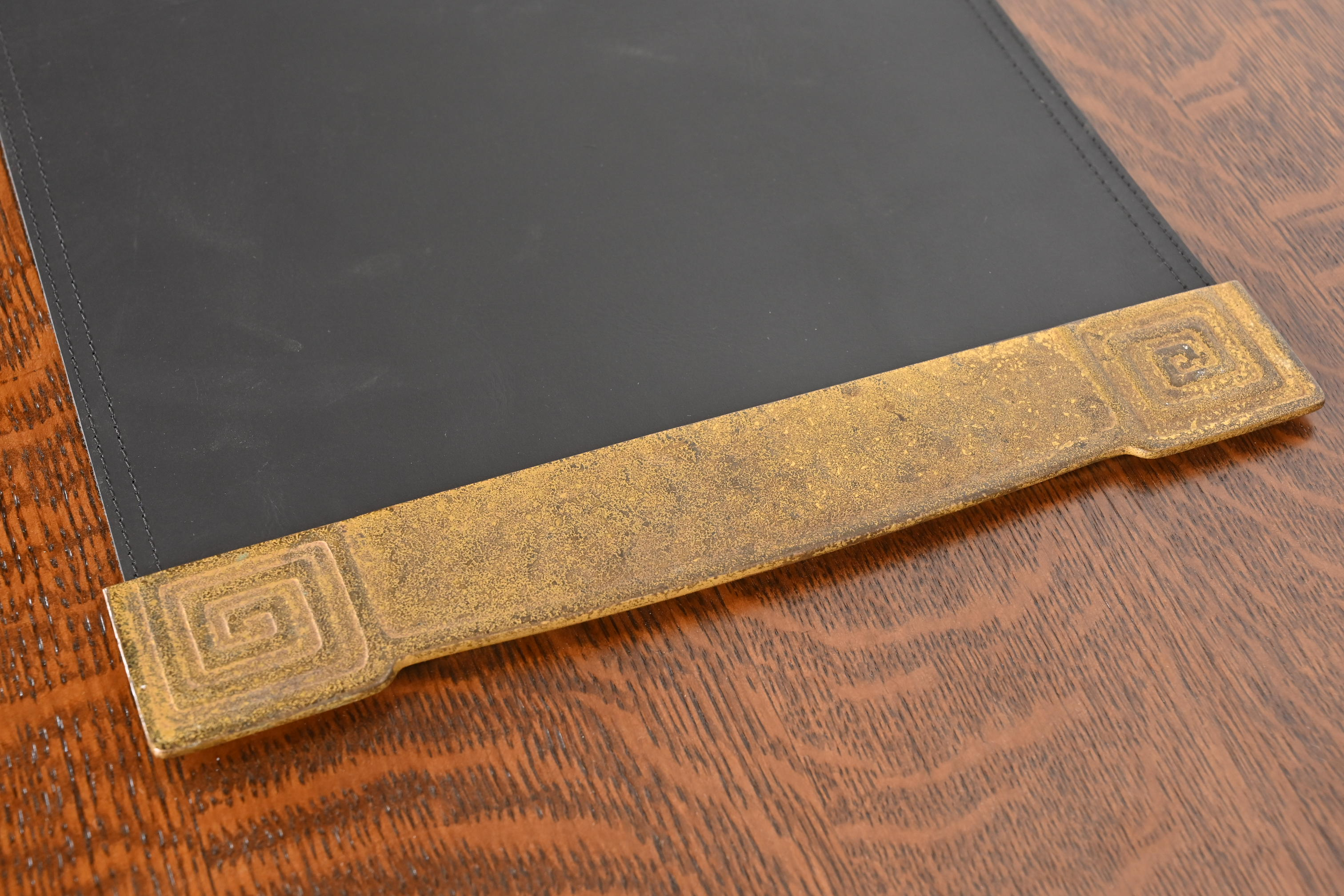 Tiffany Studios New York Greek Key Bronze Doré Blotter Ends With Leather Desk Blotter - Image 6