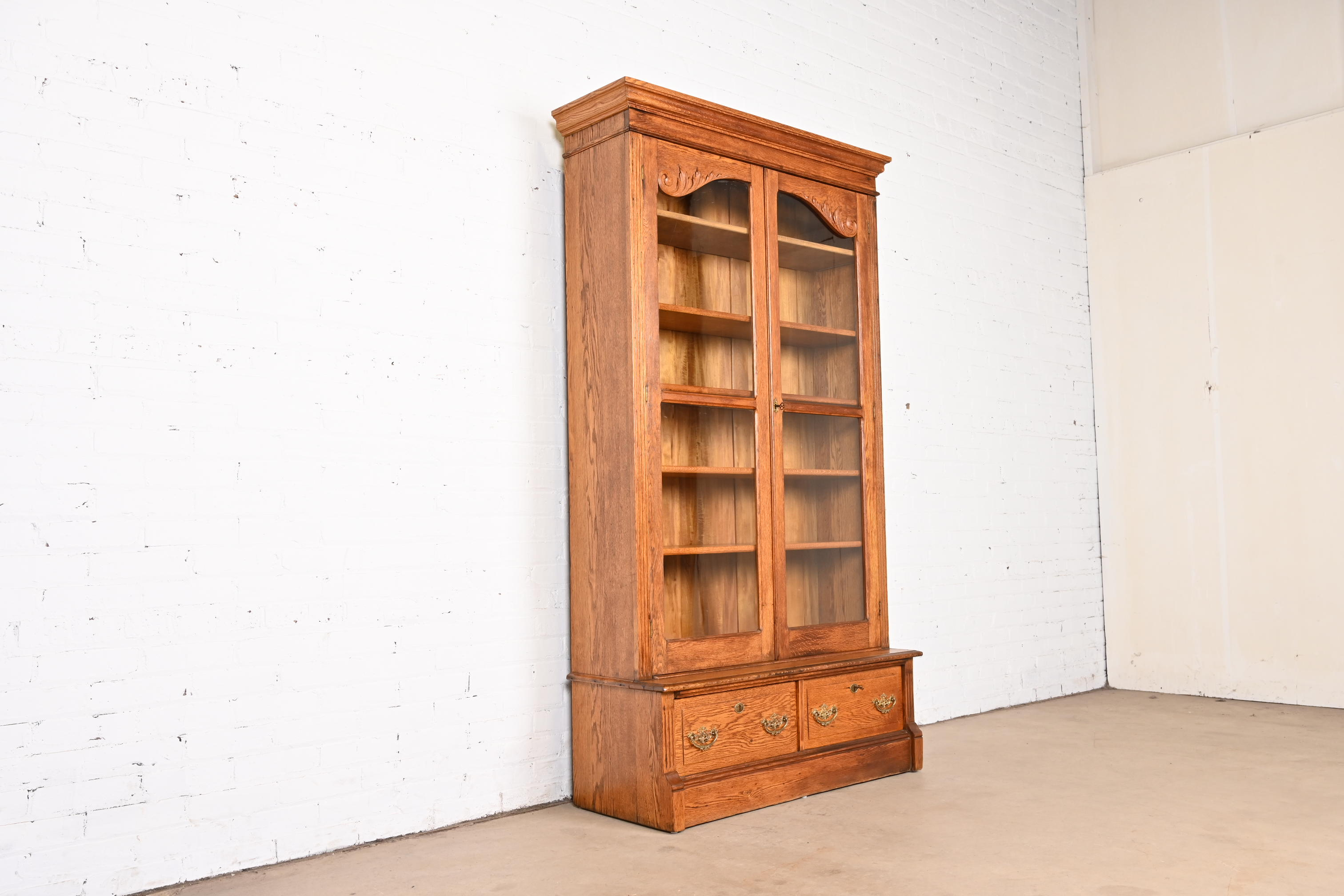 Antique Victorian Carved Oak Glass Front Bookcase, Circa 1900 - Image 3