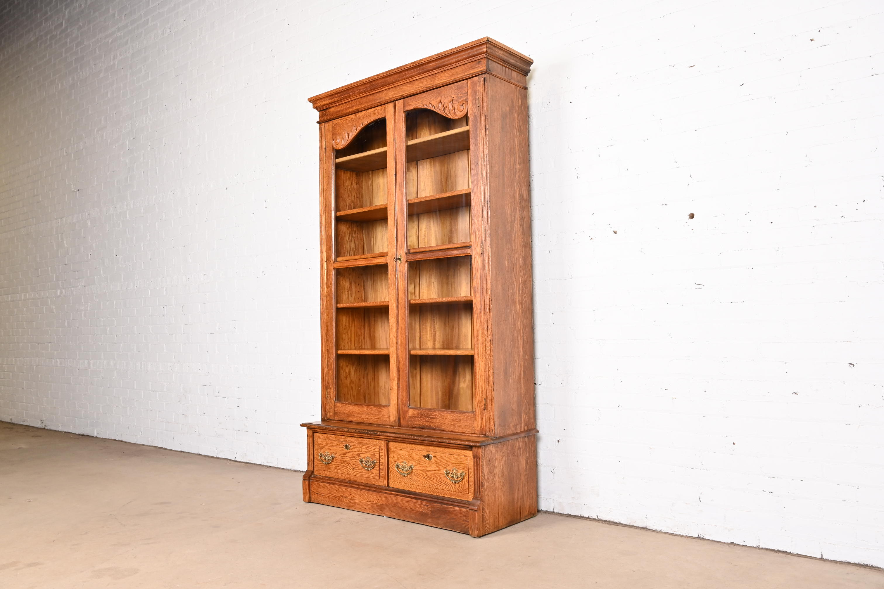 Antique Victorian Carved Oak Glass Front Bookcase, Circa 1900 - Image 2